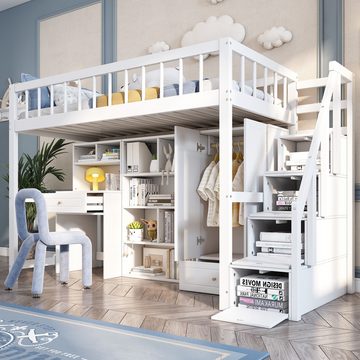 OKWISH Etagenbett Jugendbett Kinderbett (ohne Matratze, 90*200), Mit Schreibtisch, Treppe, Schließfächern, Kleiderschrank