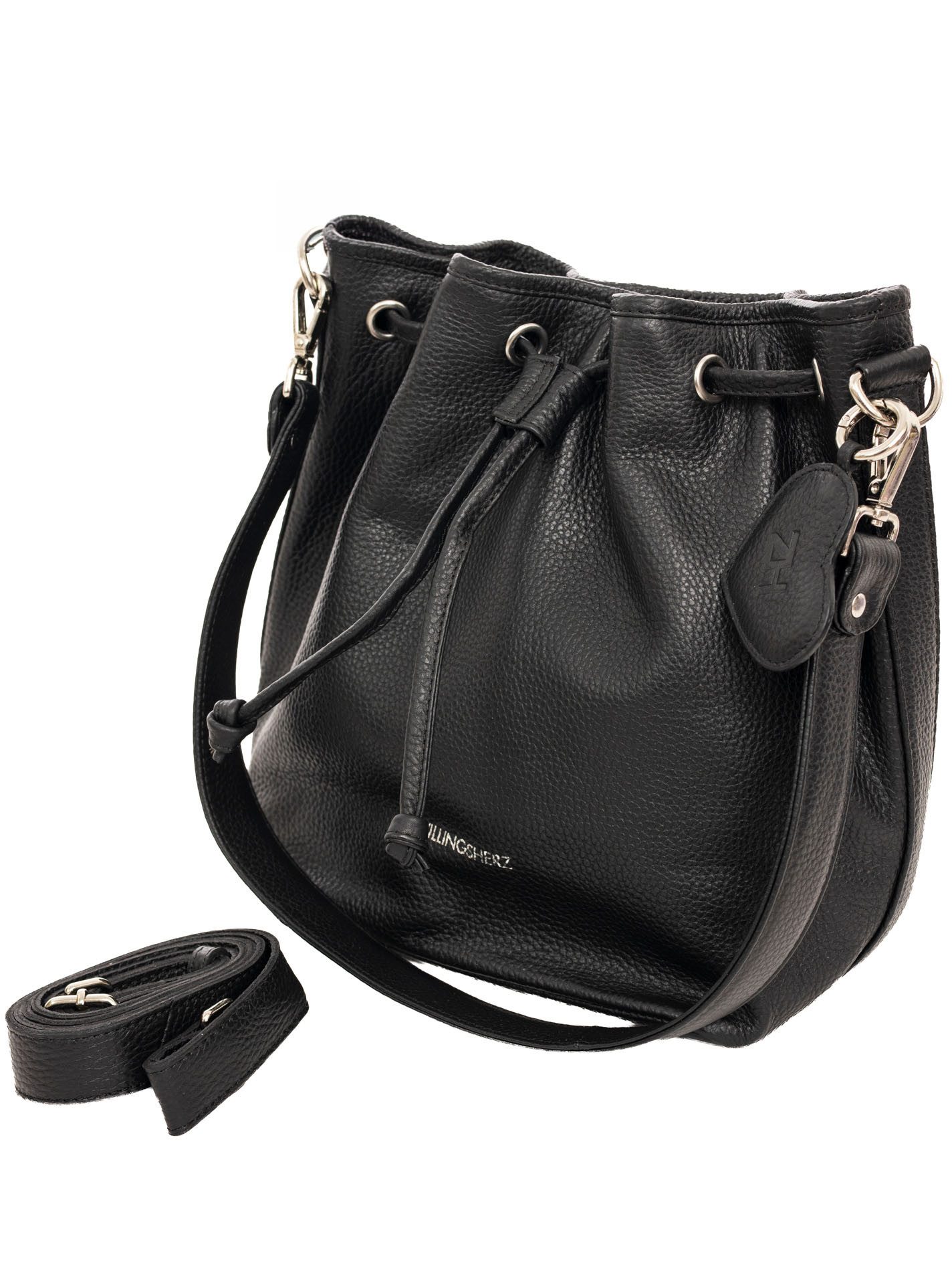 Zwillingsherz Beuteltasche "Drawstring Bag", Beuteldesign, Kordelzug-Verschluss, softes Leder, Herz-Anhänger