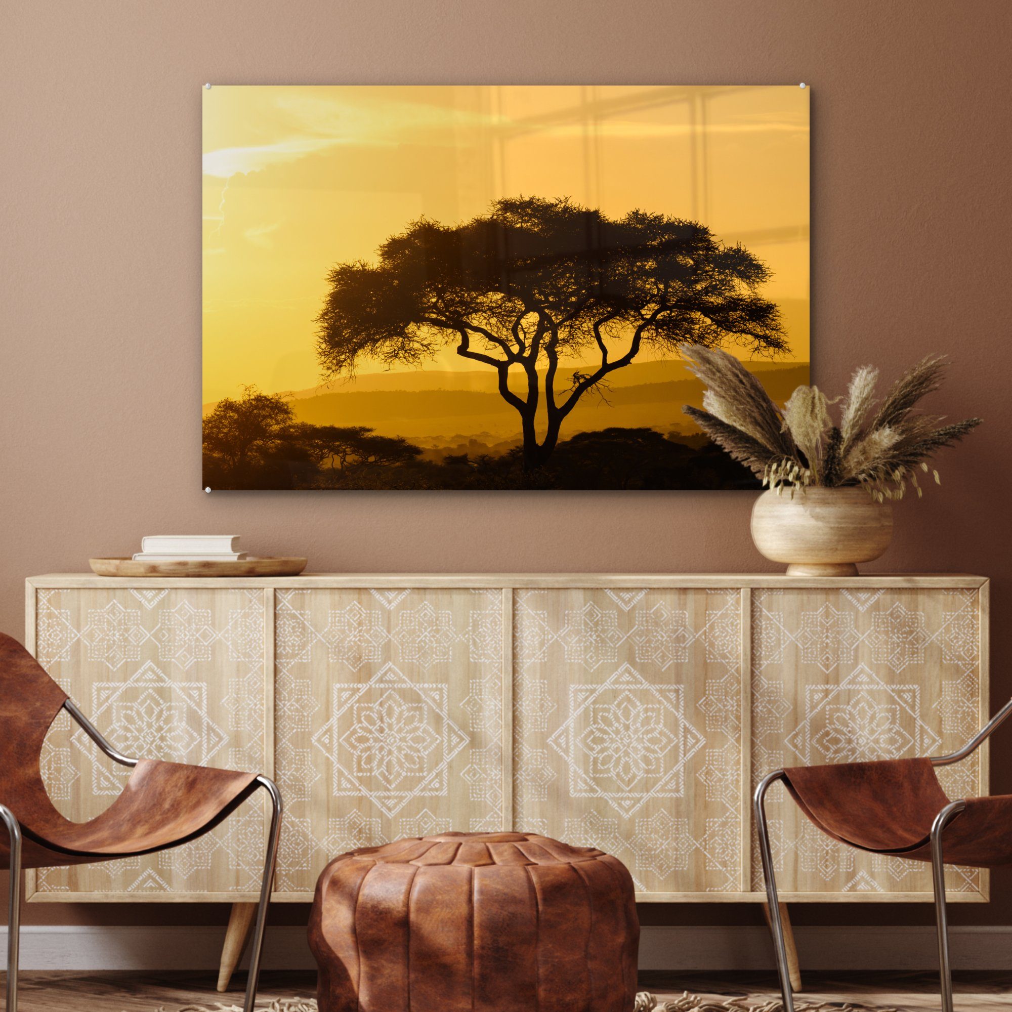 MuchoWow Acrylglasbild Gelber Himmel über St), Schlafzimmer Serengeti-Nationalpark Acrylglasbilder & Wohnzimmer (1 in Tansania, dem
