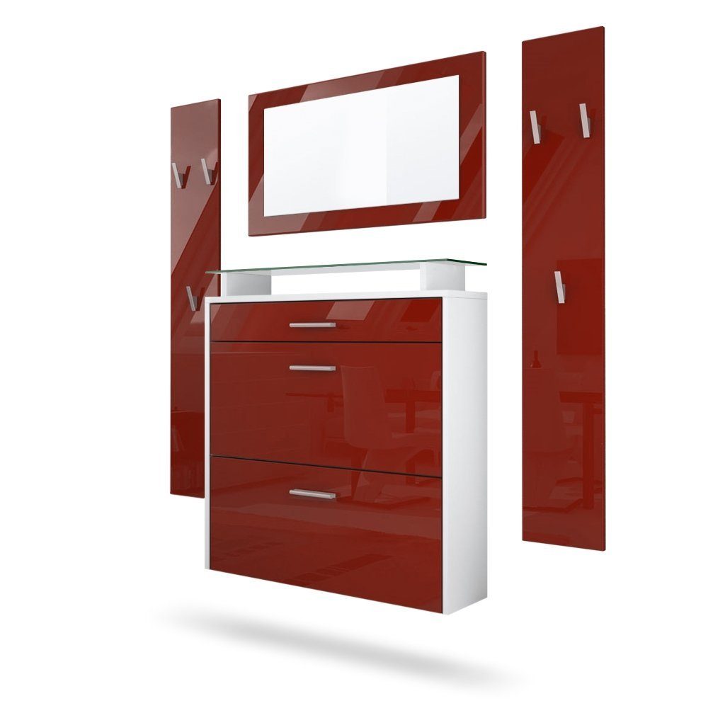 Vladon Garderoben-Set Malea, (Garderobenset bestehend aus 1 Hängeschuhschrank, 1 Wandspiegel und 2 Garderobenpaneele), Weiß matt/Bordeaux Hochglanz