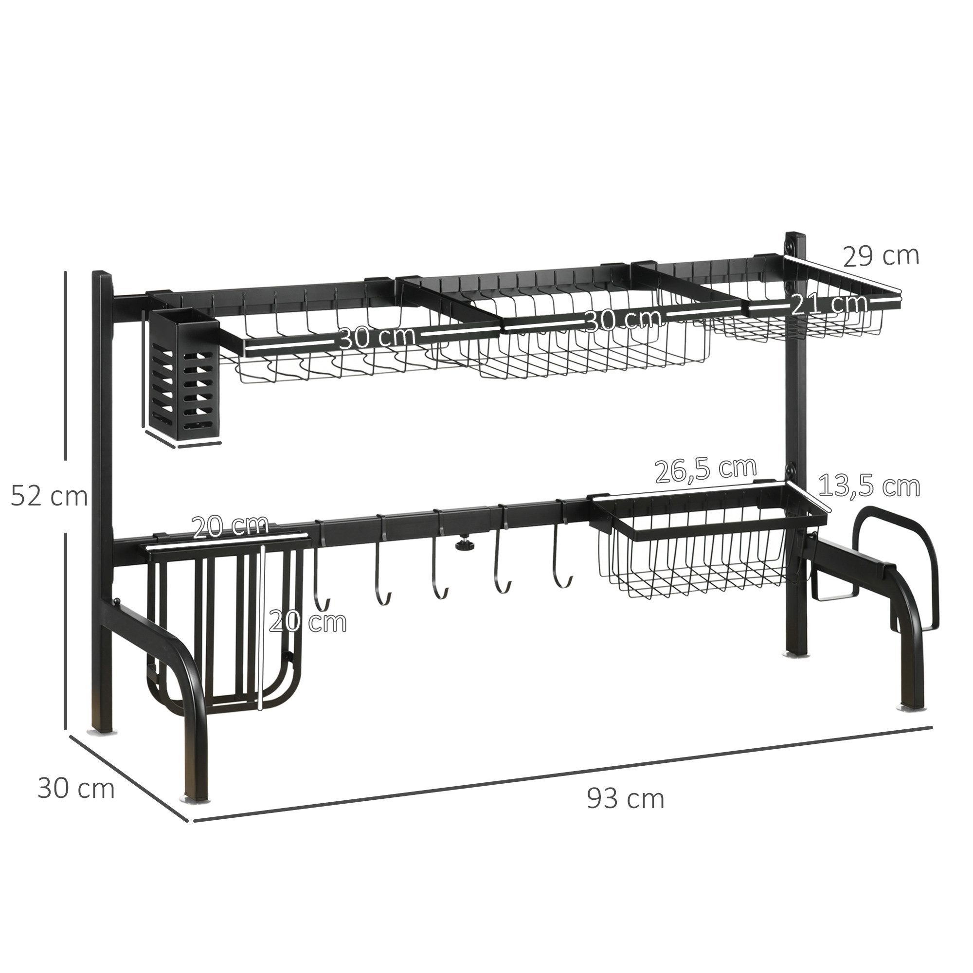 Fine Life Pro Abtropfmatte 2-stufiges Abtropfgestell aus Stahl mit Haken und Abtropfschale, Schwarz, 51-93 cm - das ultimative Küchenorganisationslösungen