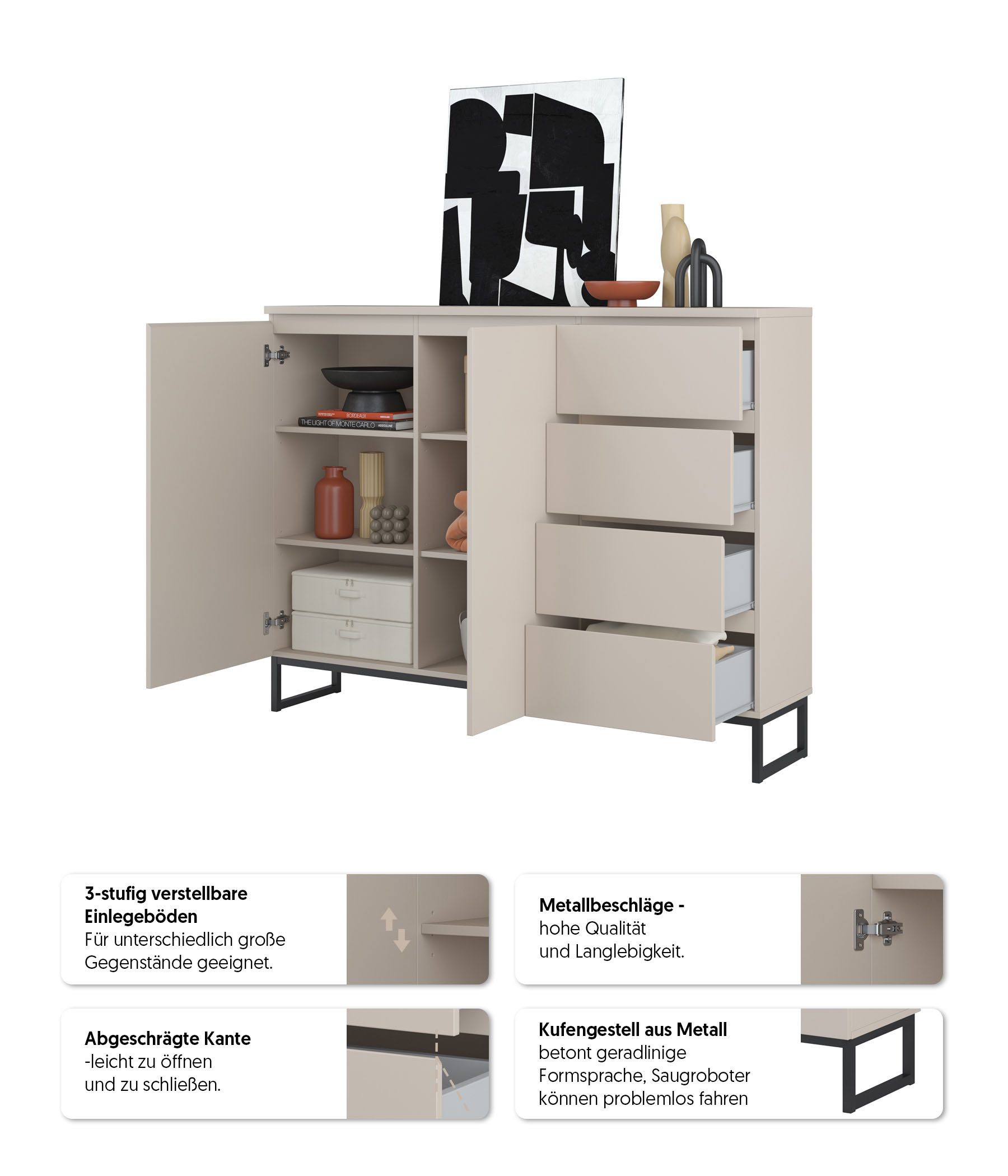 OTTO home Sideboard Modo II, Breite 150 cm, moderne grifflose Kommode 2Türen/4 SK, Schubladenschrank viel Stauraum, Einlegeböden verstellbar, Metallkufen