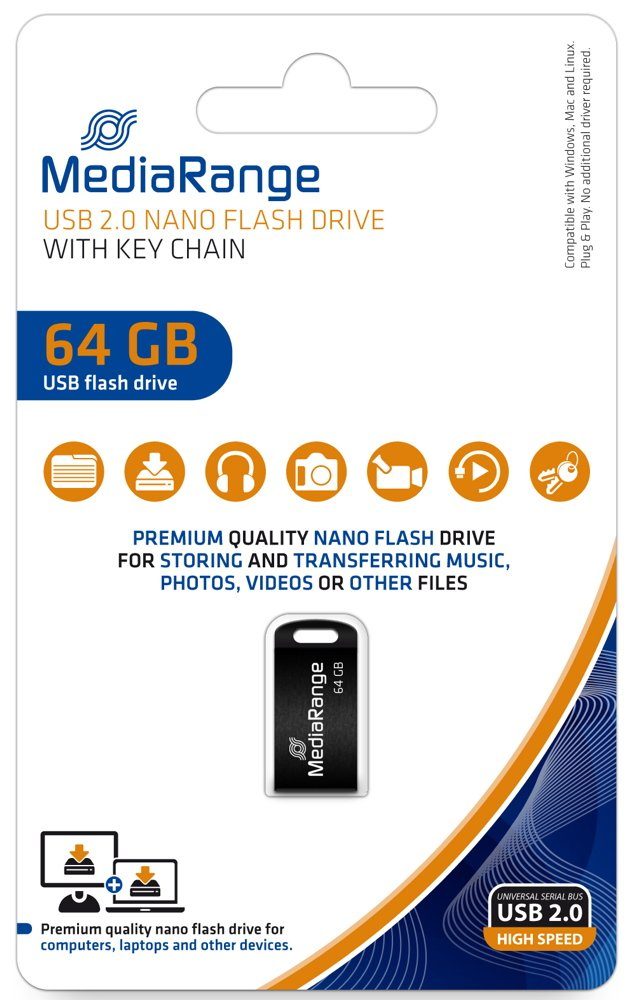 Mediarange USB Stick 64GB Speicherstick Nano inkl. Schlüsselanhänger  schwarz USB-Stick
