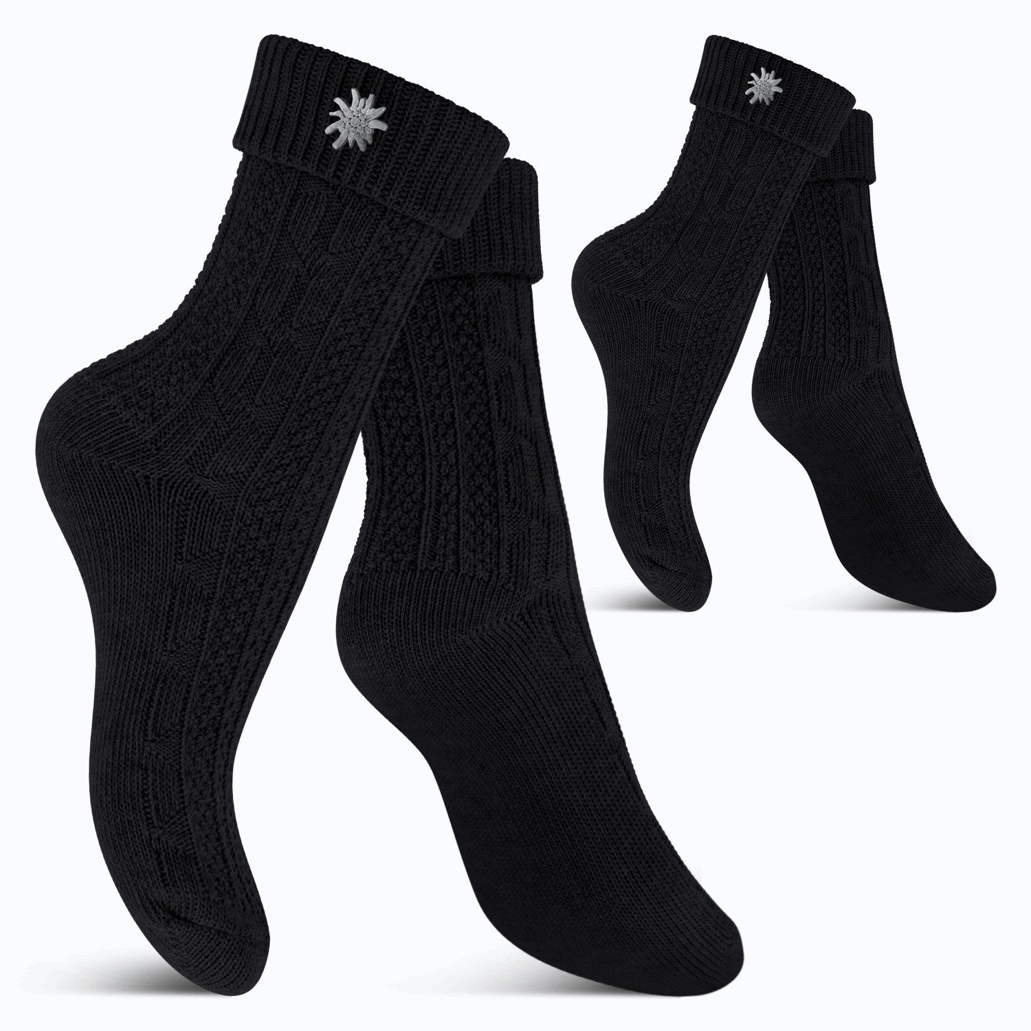 celodoro Trachtensocken Trachten Socken (2 Paar) mit Edelweiß-Pin für Damen & Herren Schwarz