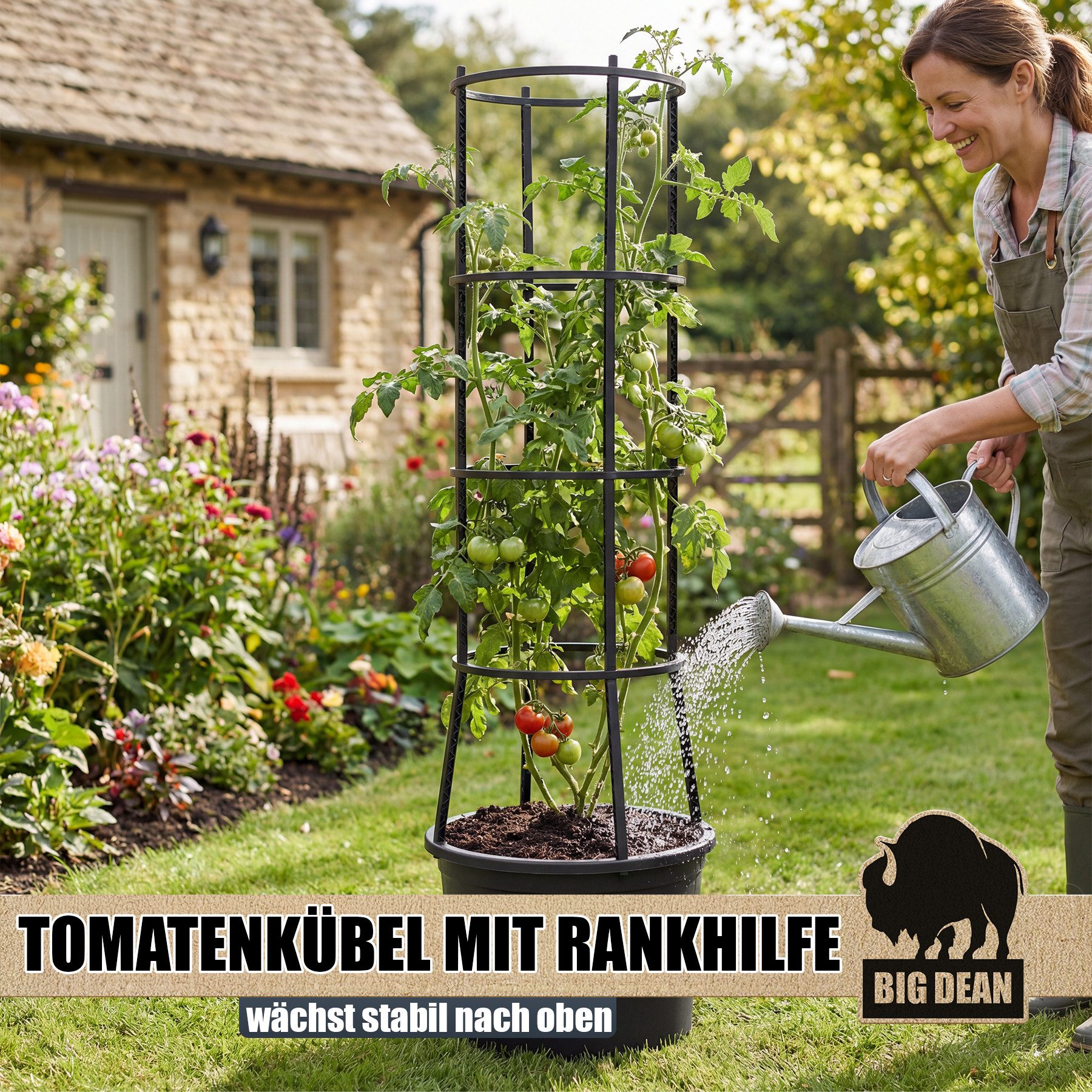 BigDean Pflanzkübel Tomatentopf mit Rankhilfe XL (Set, 1 St., Tomatentopf + Rankhilfe), Integrierter Wasserspeicher, Modulares Rankgitter, Wiederverwendbar