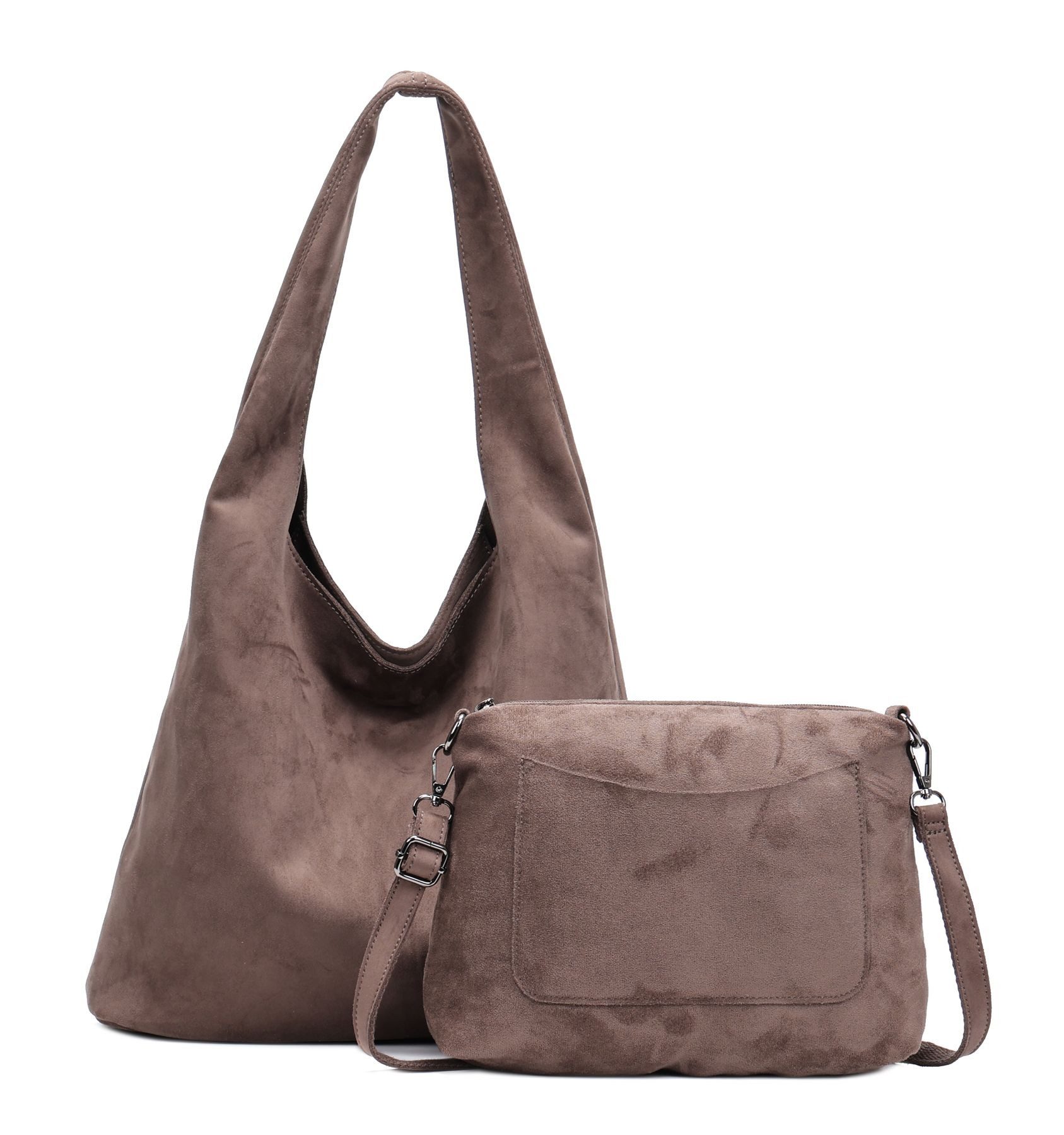 ITALYSHOP24 Schultertasche Damen Tasche Set 2in1 Shopper Handtasche Crossbody Velours CrossOver (Spar-Set 2 in1 Hobo + Crossbody Bag / Schmucktasche, Leichtgewicht, Wildleder Optik), Hobo Bag Umhängetasche Body Bag Beuteltasche Workbag Freizeit Urlaub