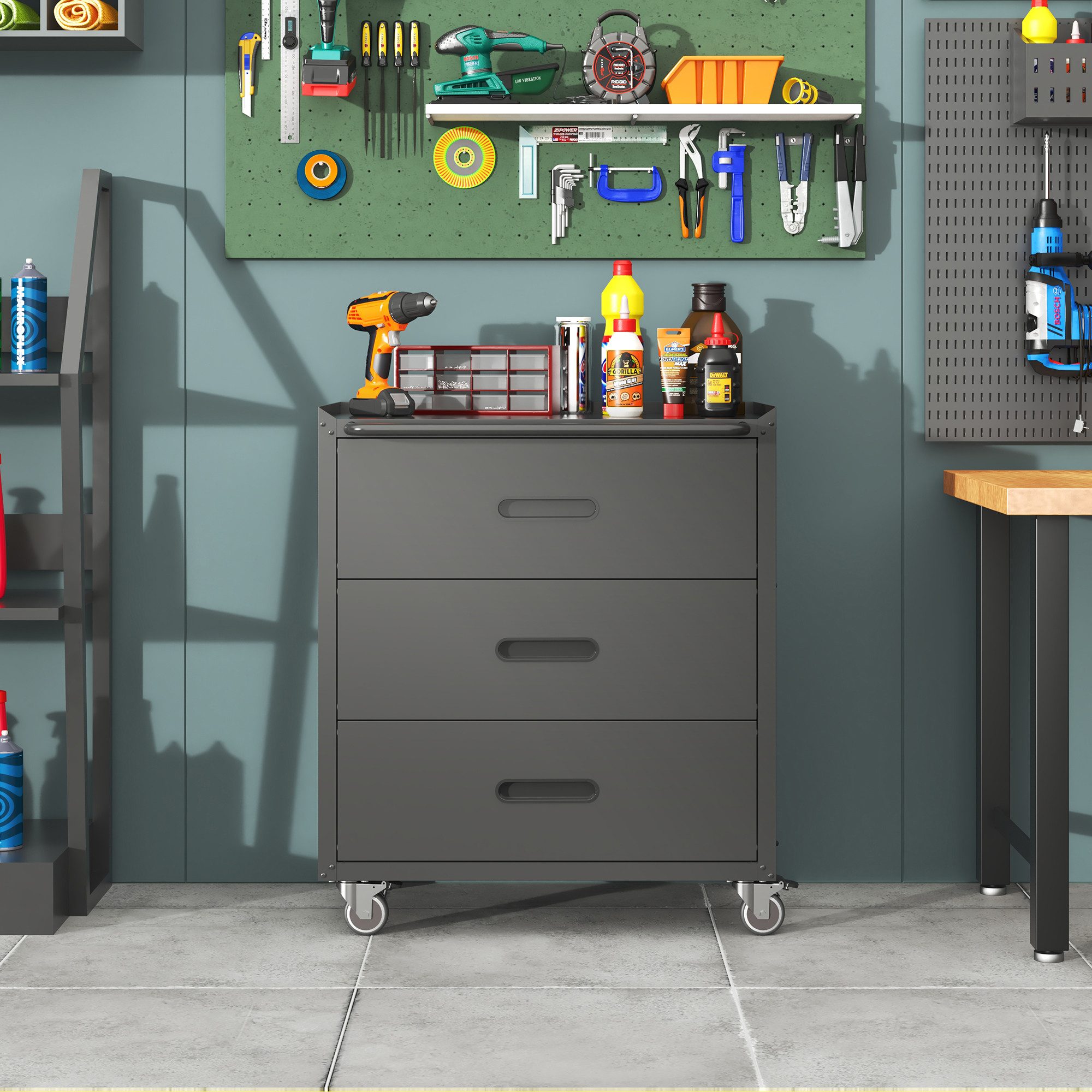 Odikalo Werkzeugschrank Heavy-Duty Metall mit Rollen 3-Schubladen-Tool-Cabinet grau/schwarz