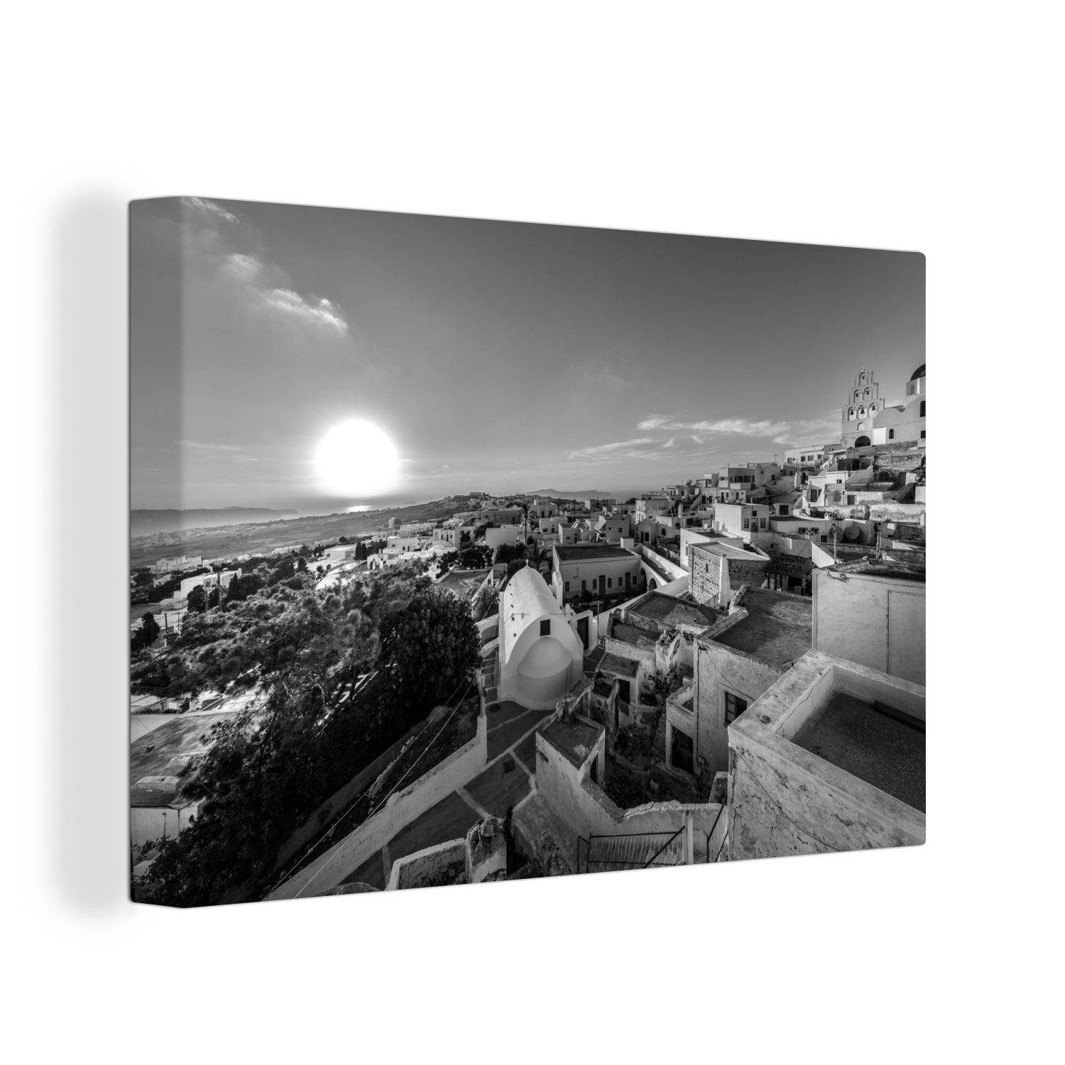 OneMillionCanvasses® Leinwandbild Sonnenuntergang über Pyrgos Santorini - schwarz und weiß, (1 St), Wandbild Leinwandbilder, Aufhängefertig, Wanddeko, 30x20 cm