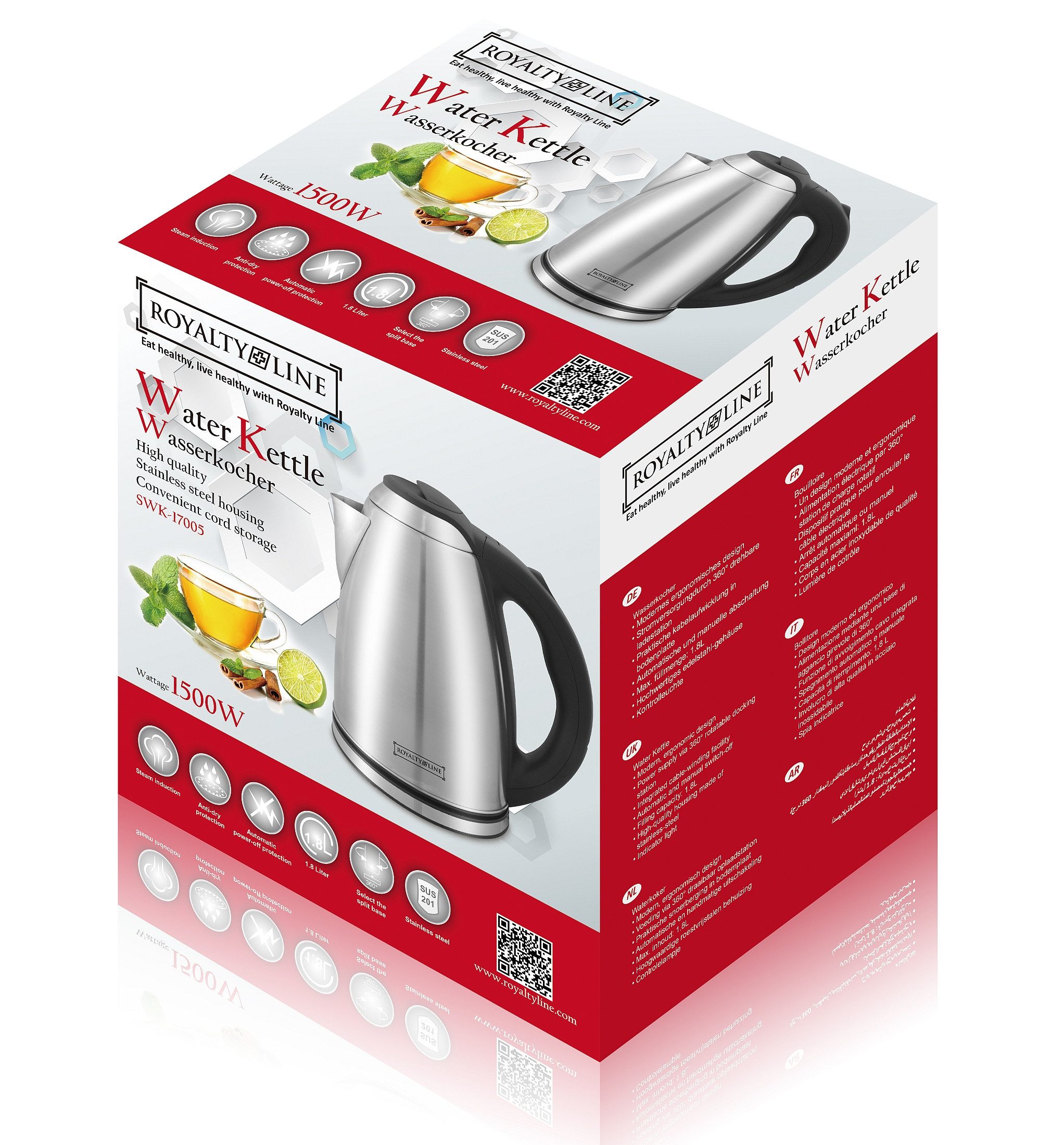 Royalty Line Wasserkocher Edelstahl Wasserkocher Teekocher 1,8L 1500W Royalty Line RL-SWK-17005