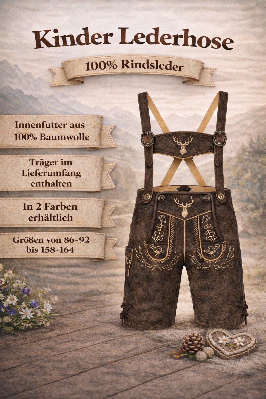 PAULGOS Trachtenhose Kinder Lederhose Kurz mit Trägern 100% Echtleder - KK2 ANTIK – Bild 4 von 5