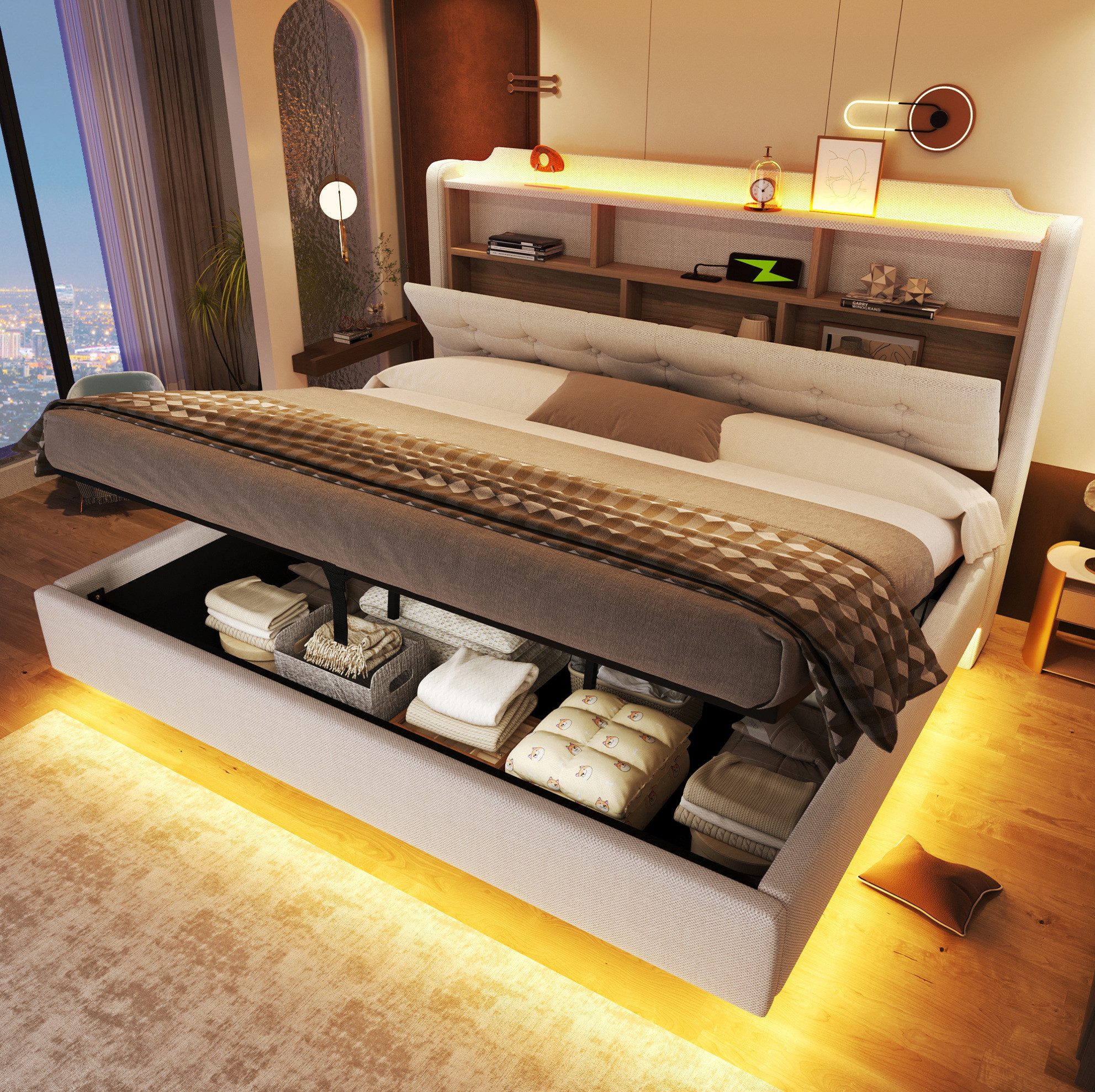 MODFU Polsterbett schwebendes Design, Leinenstoff, USB- & Typ-C-Anschlüsse (180x200 cm, Stauraumbett mit LED-Lichtleiste, großem Stauraum und integrierten Ablagefächern, 1-tlg., Funktionsbett Doppelbett), ohne Matratze