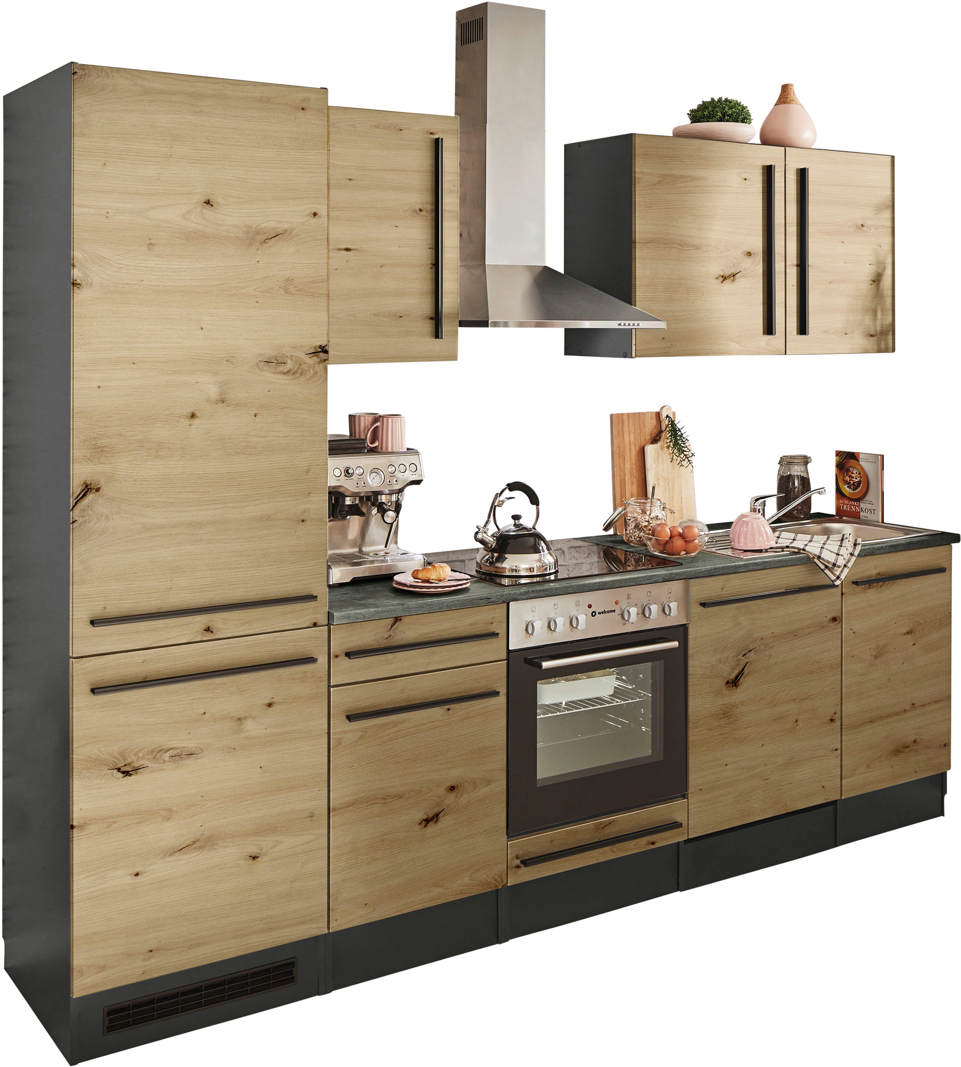 artisan mit 280 Jazz, eiche cm, Küchenzeile eiche-metallic wahlweise anthrazit/artisan Breite BASIC braun E-Geräten | by Balculina