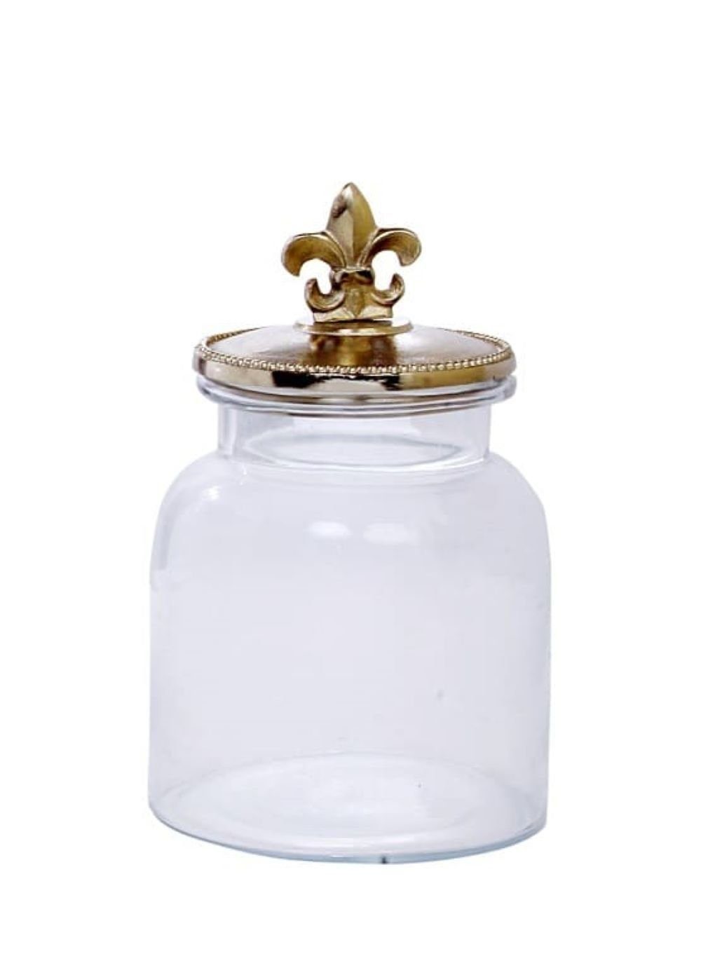 LC Home Vorratsglas Glas Dose Bonboniere mit Fleur di Lis, französische Lilie Deckel, Glas Aluminium, Glasdose mit silberfarbenem Metall Deckel, Griff Fluer di Lis