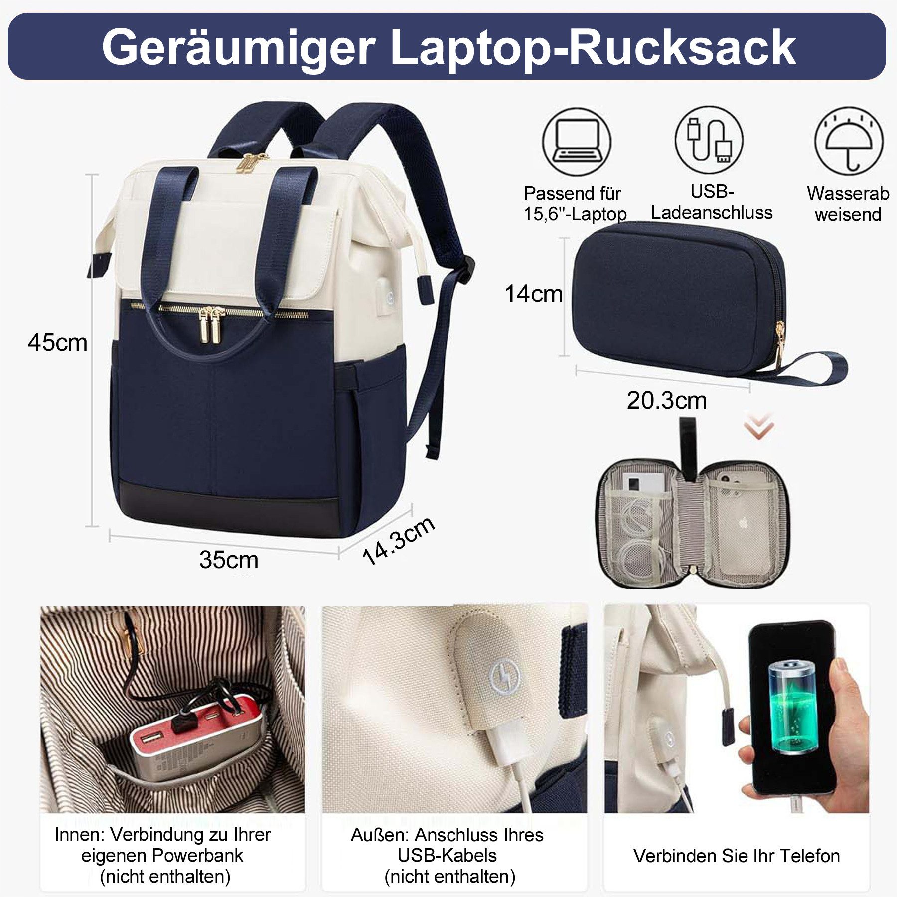 Mutig Rucksack Rucksakck Damen 16 Zoll,Diebstahlsicher Cityrucksack Wasserdicht (Laptop Schulrucksack Tagesrucksäcke Handtasche 2 in 1, Schultasche Teenager, Ba – Bild 4 von 5