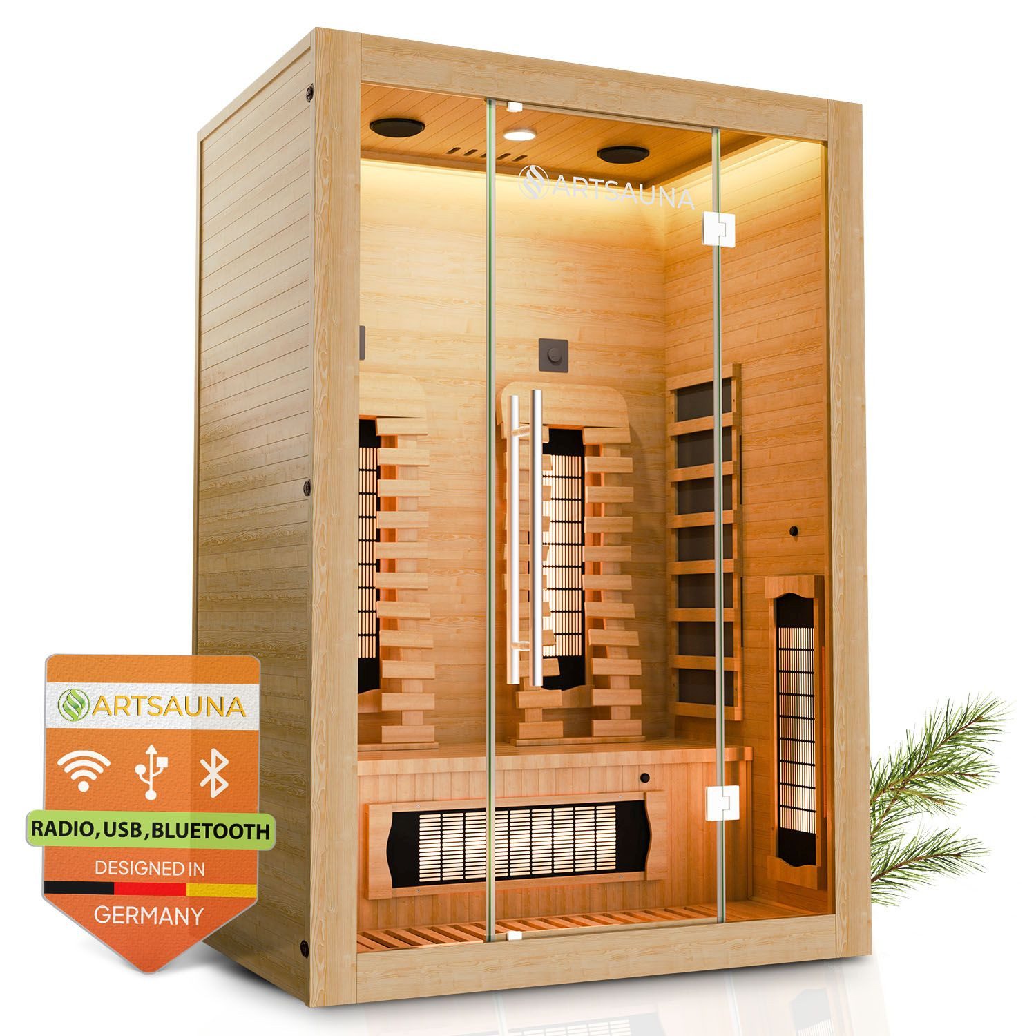 Artsauna Infrarotkabine Kiruna130 Premium Dual Technologie, BxTxH: 130 x 105 x 190 cm, für 2 Personen, Hemlockholz, Sound-System, Bluetooth, LED-Farblicht