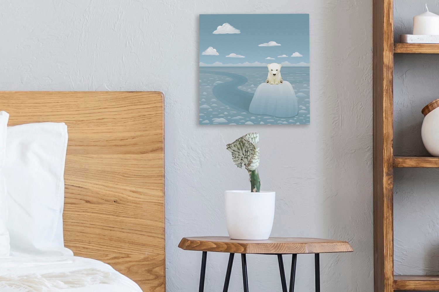 Illustration Wohnzimmer St), jungen Leinwandbild Schlafzimmer für OneMillionCanvasses® (1 Leinwand Eisblock, eines Bilder Eisbären auf einem