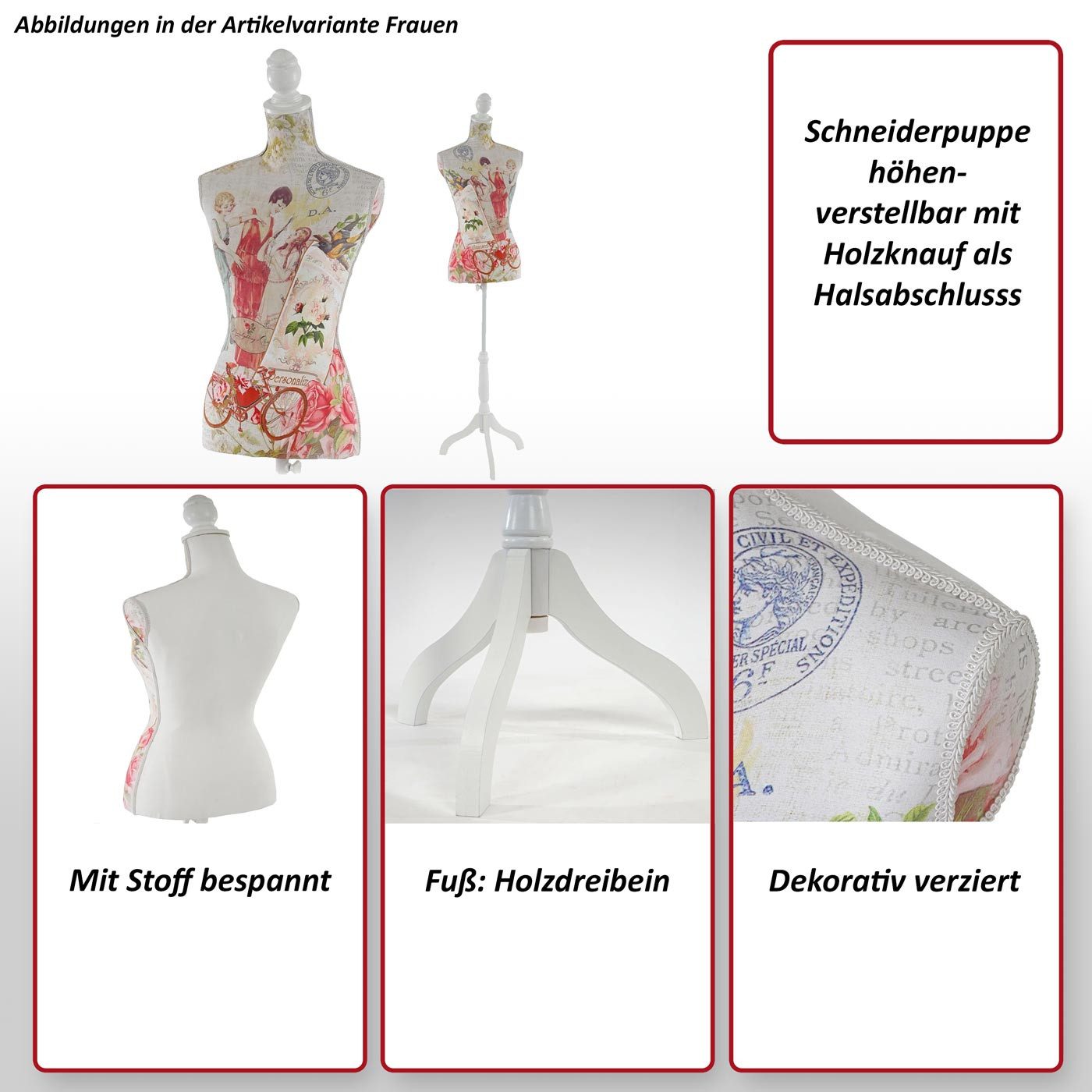 MCW Schneiderpuppe T223, Höhenverstellbar, Mit Stoff bespannt, Torso weiblich aus Fiberglas