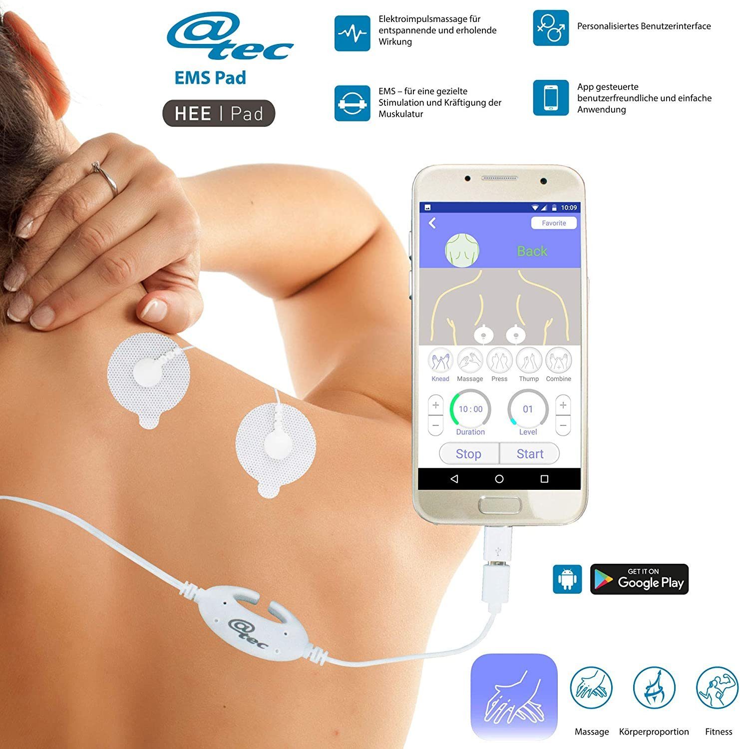 @tec Massagegerät EMS Massagegerät elektrisch mit App-Steuerung Android, Smartphone-Reizstromgerät, Elektronische Muskel Stimulation, Massage