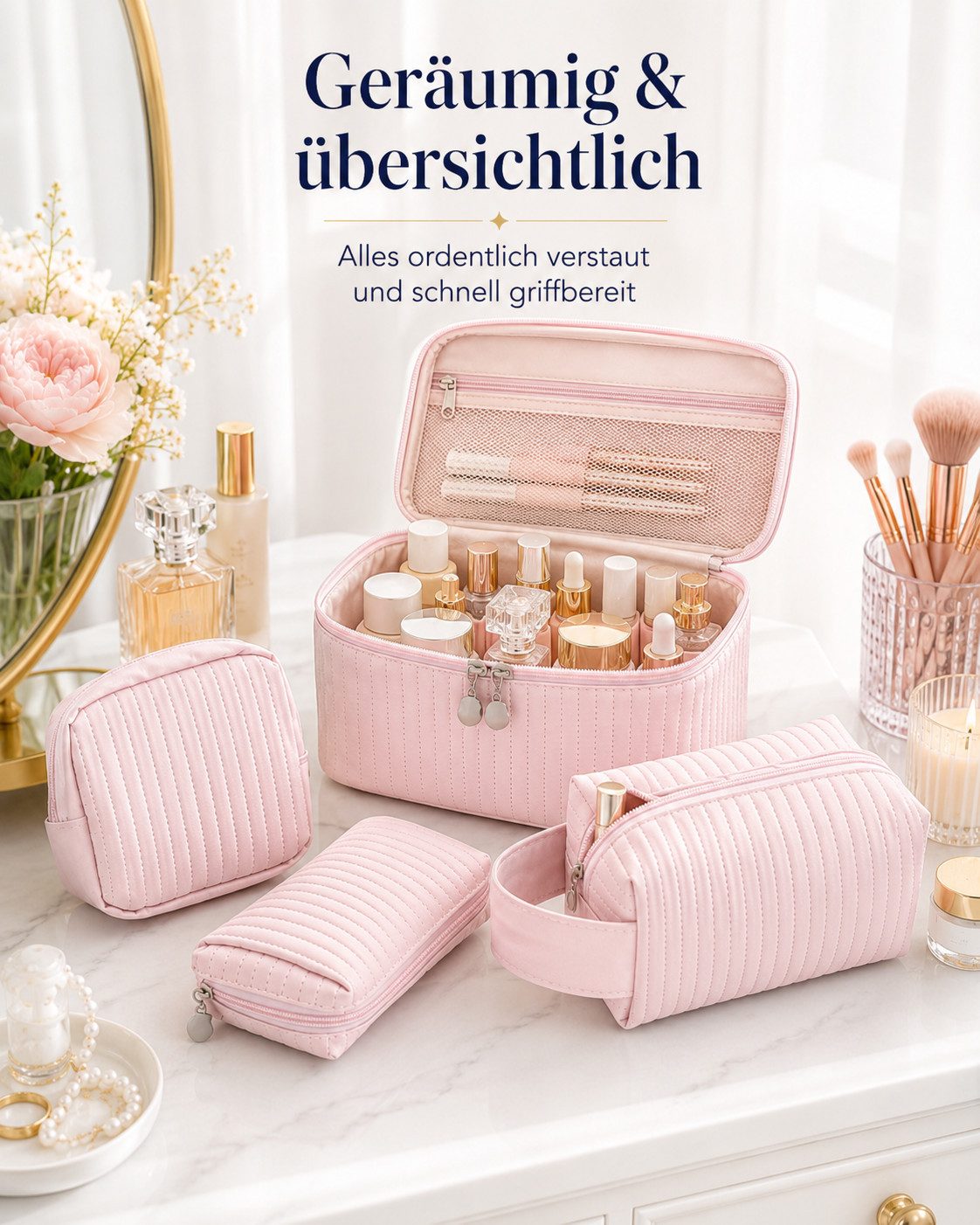Luckice Kosmetiktasche 4-teiliges Kosmetiktaschen Set in Rosa (4 verschiedene Größen Kulturbeutel für Make-up, Pinsel & Pflegeprodukte, Reise Schminktasche mit Tragegriff für Alltag und Urlaub)