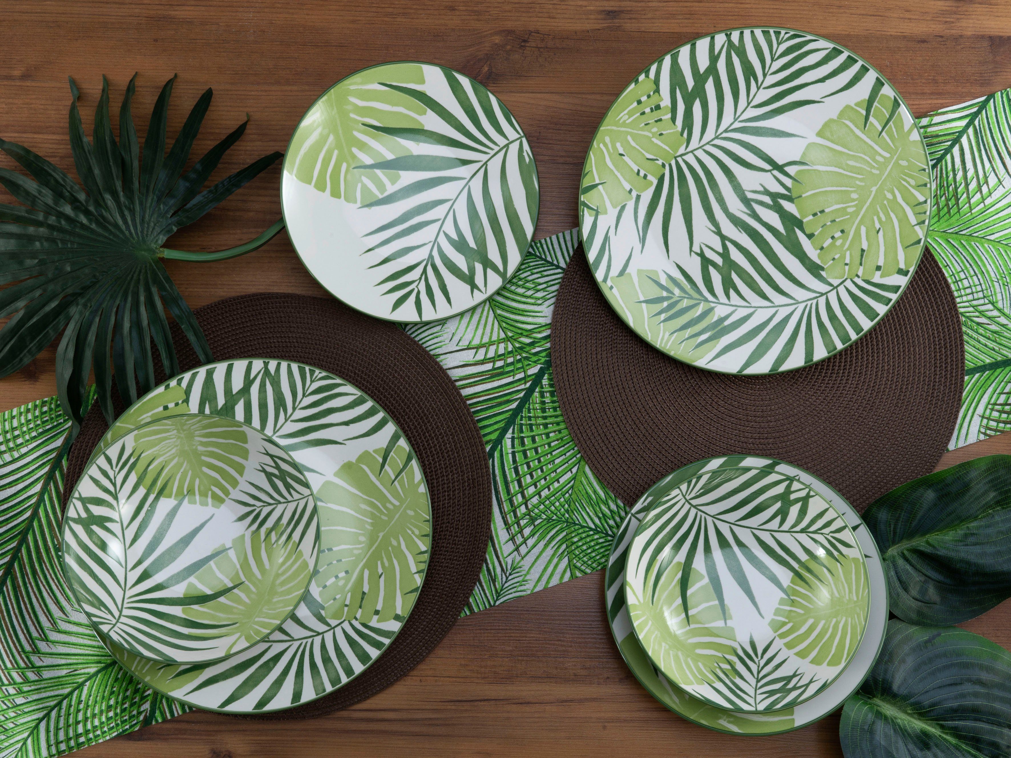 coolem Tropicana Dekor Teller-Set vollflächiger Personen, Steinzeug, Grün Mix Blätter in Green tropischer CreaTable 4 (12-tlg),