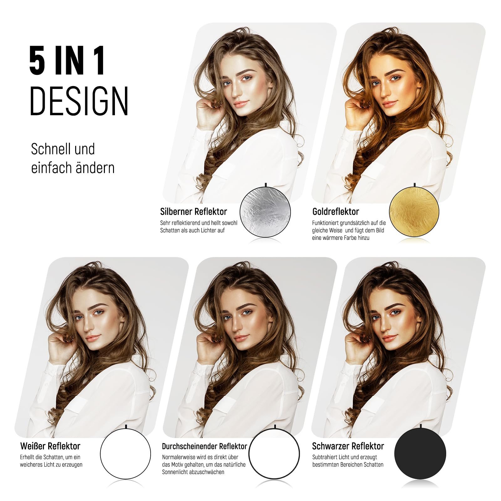 Neewer Blitzlichtreflektoren RF-110 Ø110cm Lichtreflektor Diffusor, 5 in 1, Faltbare, mit Tasche, (Packung), Fotoreflektor für Studio Fotografie Beleuchtung im Freien