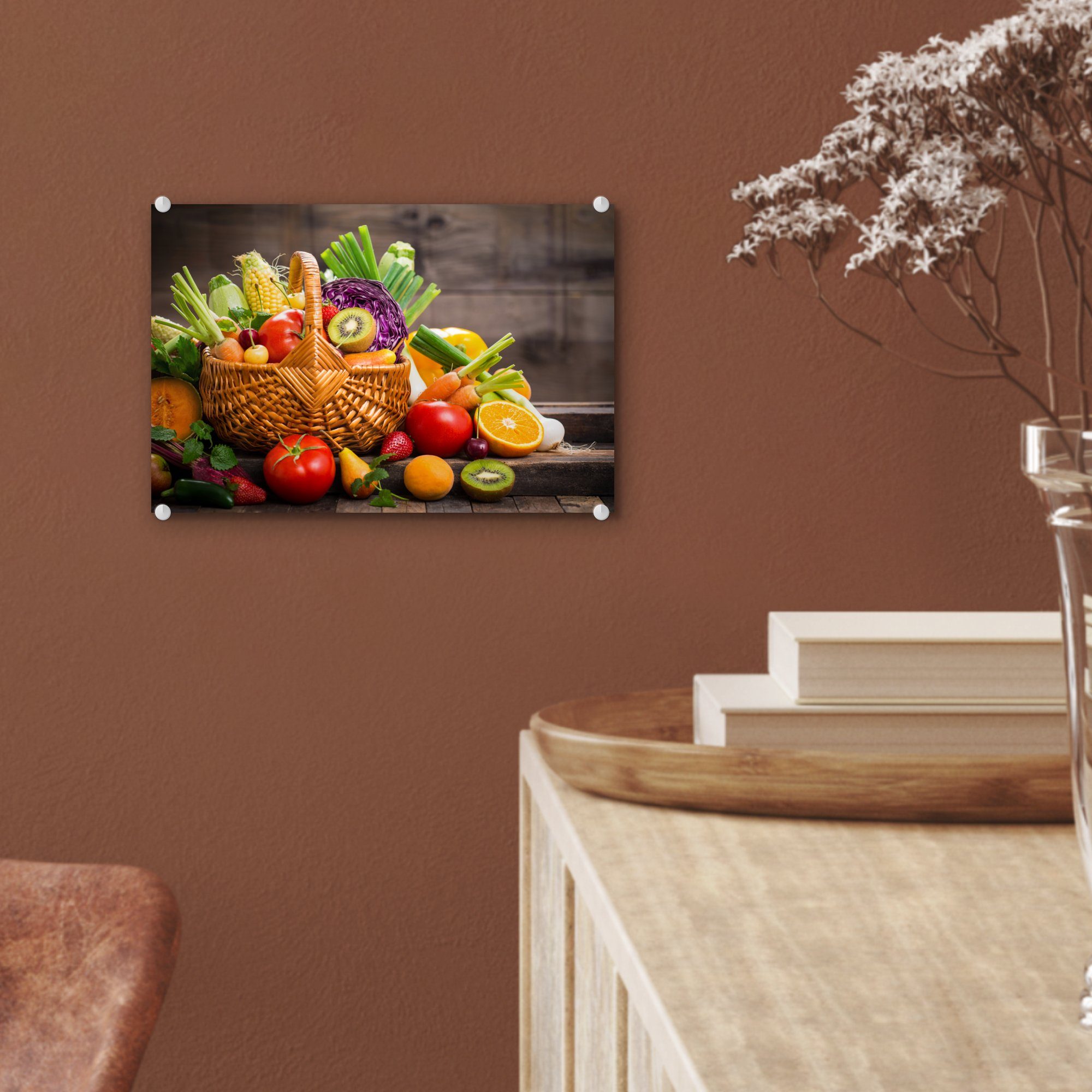 Glas Glas Wanddekoration - - auf Acrylglasbild Glasbilder Obst Wandbild auf - Gemüse, St), MuchoWow Bilder (1 Obstkorb - Foto -