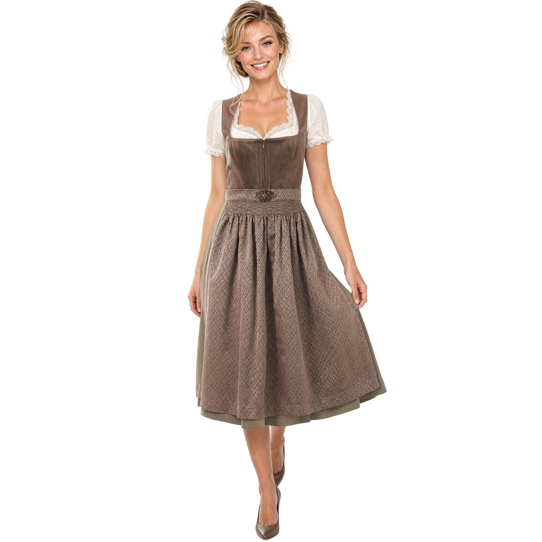 dressforfun Dirndl Maxi-Dirndl in Dunkelbraun, tailliertes Mieder, Rechteckausschnitt (Trachtenkleid Malea, in braun) Gemusterter Rock, Stufen-Doppelsaum, Brosche am Bund, Frontzipper