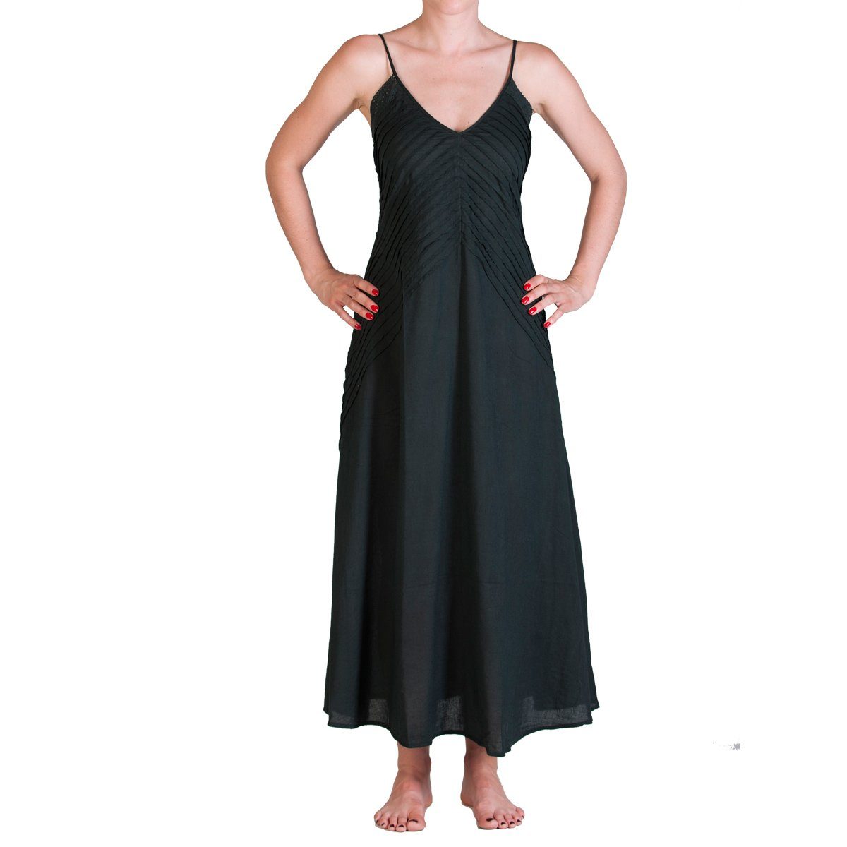 Onesize S schwarz Sommerkleid gesmoked aus Rücken feiner Kleid M auch Baumwolle Langes Tunikakleid gerafft Langes PANASIAM einfarbiges Strandkleid als 001 Gr. im und