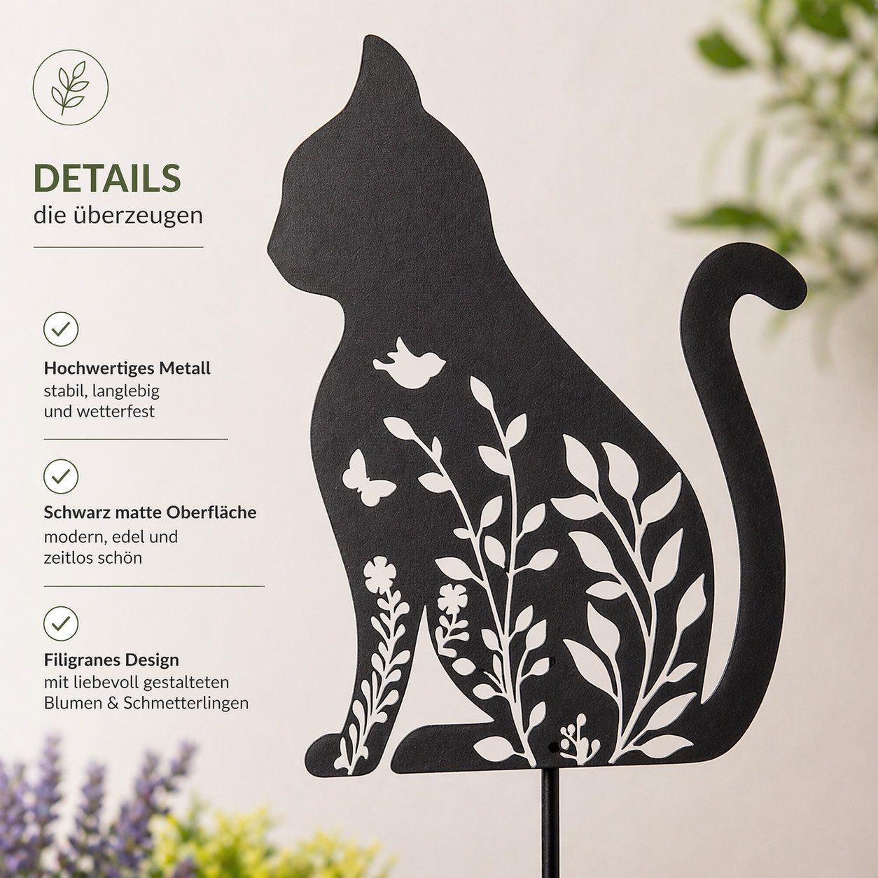 GILDE Gartenstecker GILDE Gartenstecker Petala, Katze, Metall, schwarz matt, 45 cm (1-St) Blumenmotiv