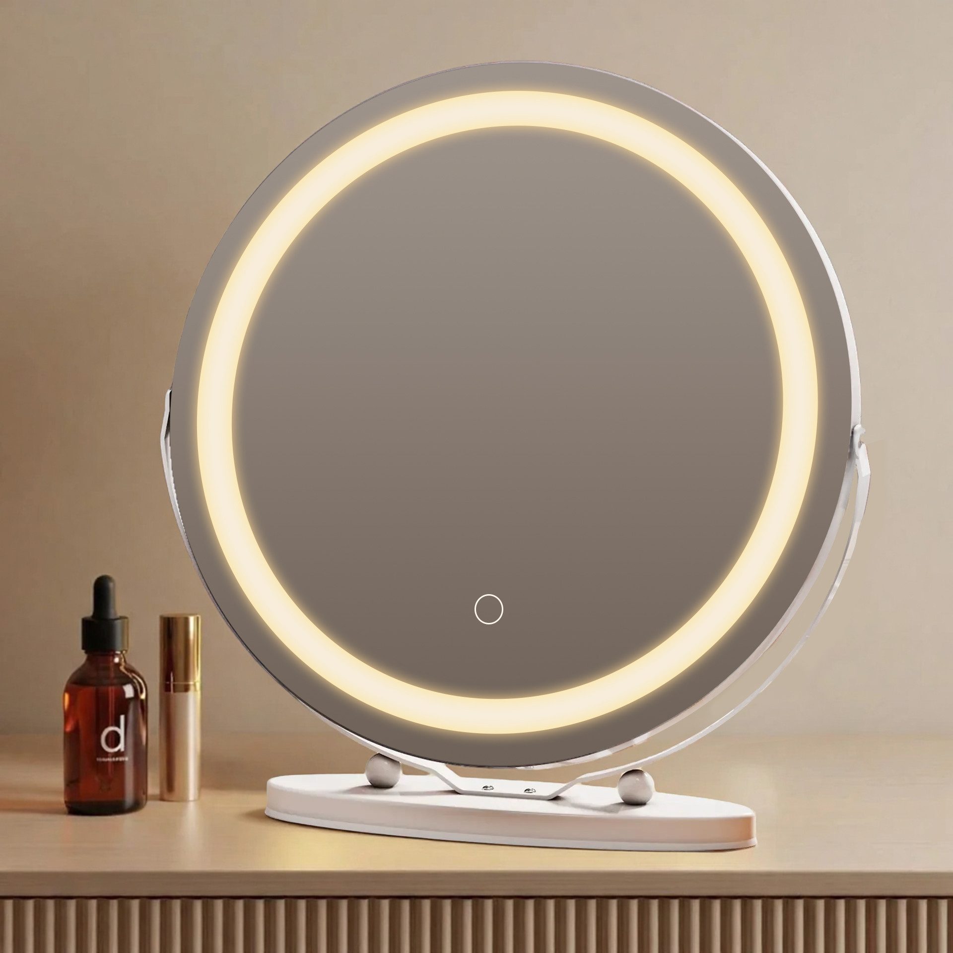 EMKE Косметички Runder Зеркало для макияжа mit Beleuchtung Tischspiegel, φ48cm 3 Lichtfarben,Dimmbar, 360° Drehbar