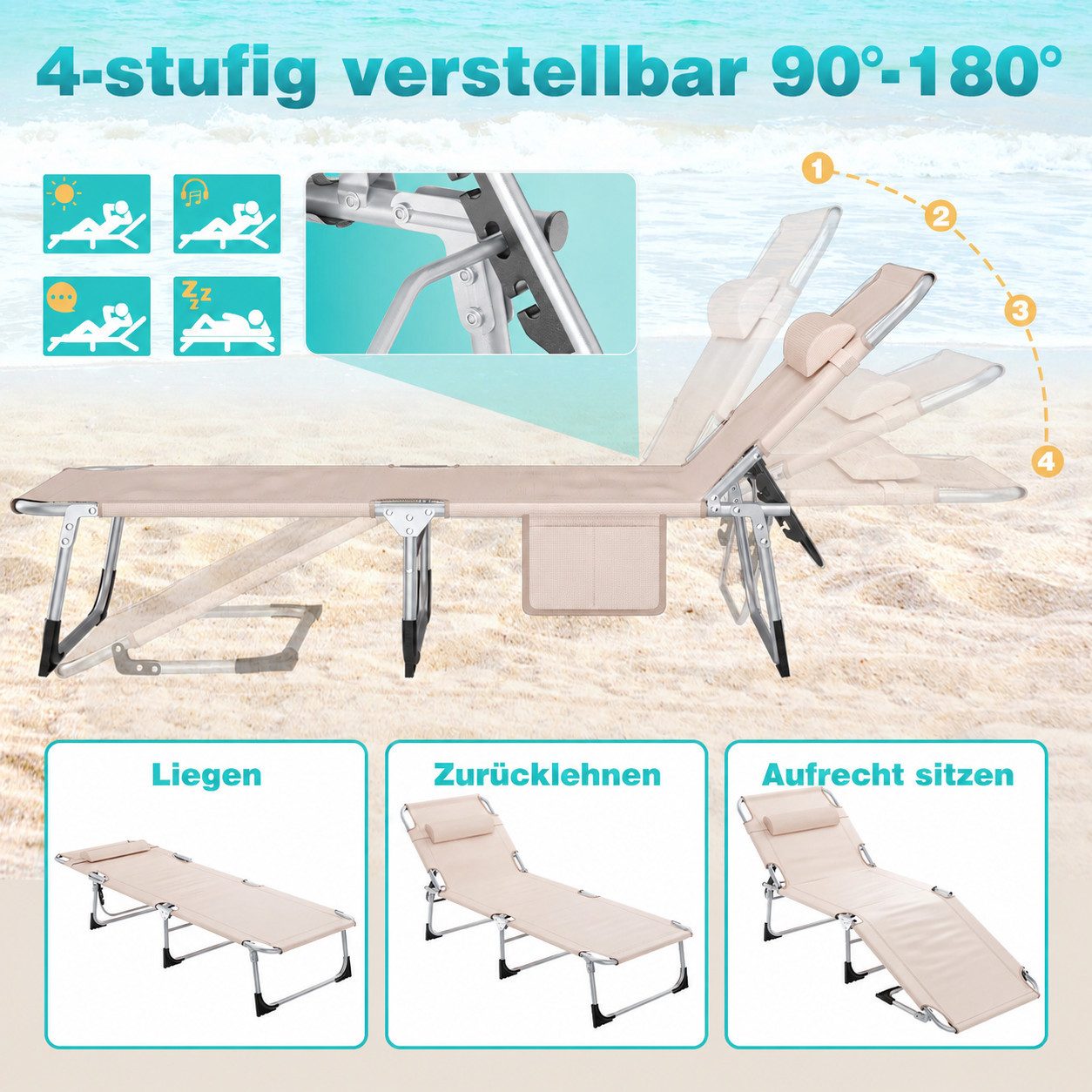 Ferghana Gartenliege Sonnenliege, Dein Sommerbegleiter, Klappbare Gartenliege mit Dach, Kopfstütze & Seitentasche & Trageschlaufen, 4 Positionen, extra breit B6 – Bild 4 von 5