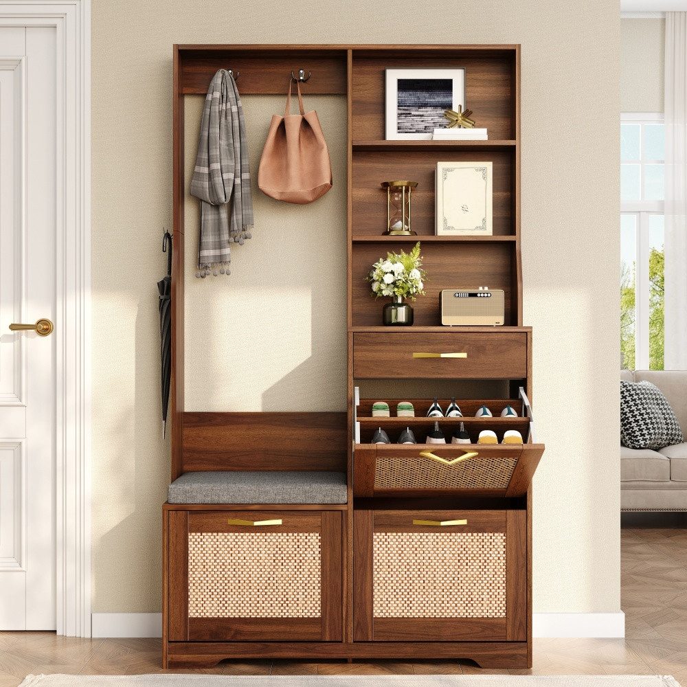 BBG Garderobenschrank Garderobenschrank mit Sitzbank, Flurgarderobe mit Schuhschrank 3 Schuhklappen, Fronten in Rattan-Optik, Kleiderhaken und Schublade