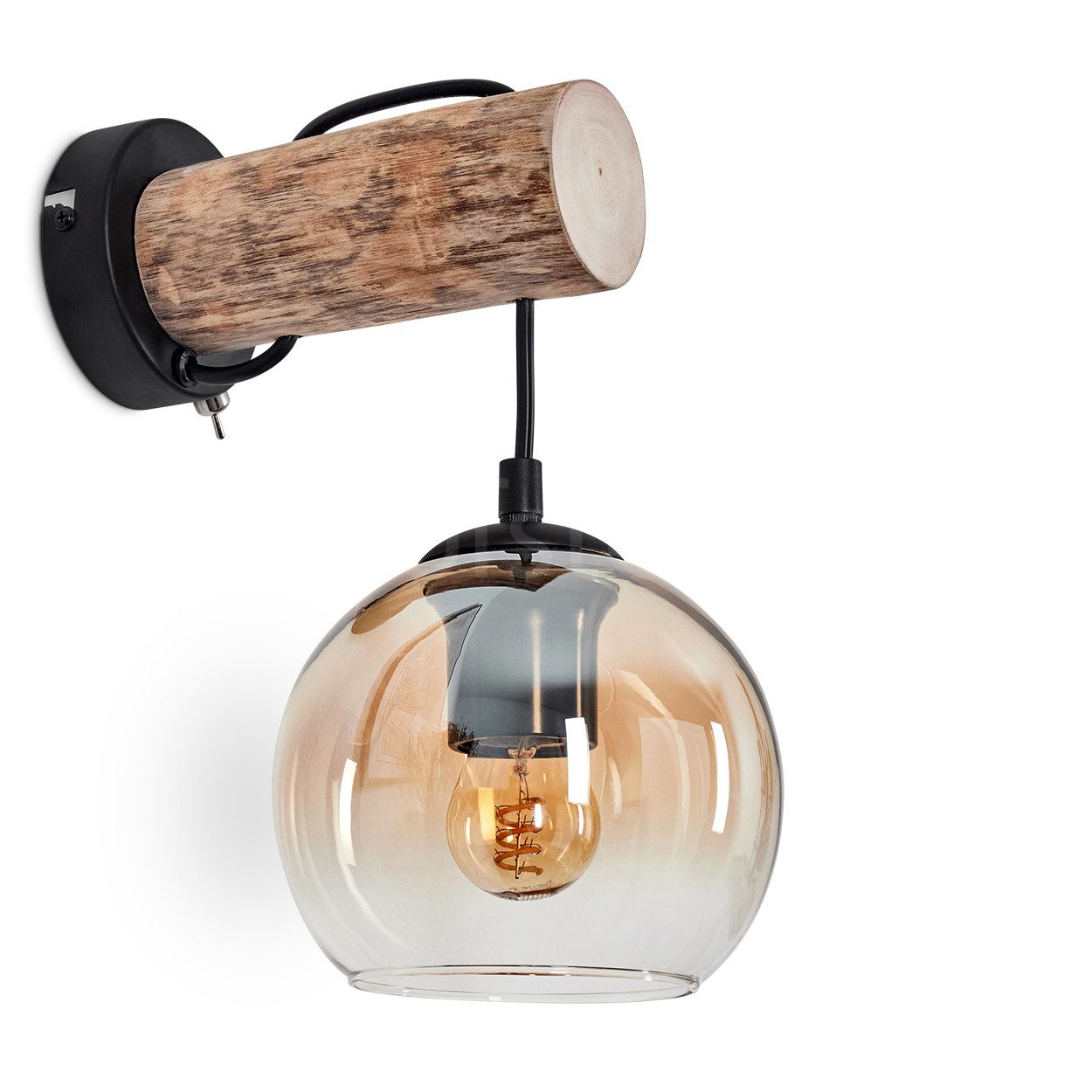 hofstein Wandleuchte moderne Wandlampe aus Holz/Metall/Glas in Naturfarben/Bernsteinfarben, ohne Leuchtmittel, modernen Retro/Vintage-Design Leuchte, Glasschirm (15 cm), 1 x E27