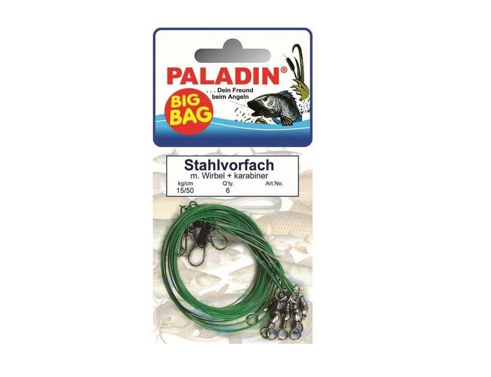 Angelhakenbinder Paladin Stahlvorfach Wirbel Gr. 8 + Karabiner 9 kg