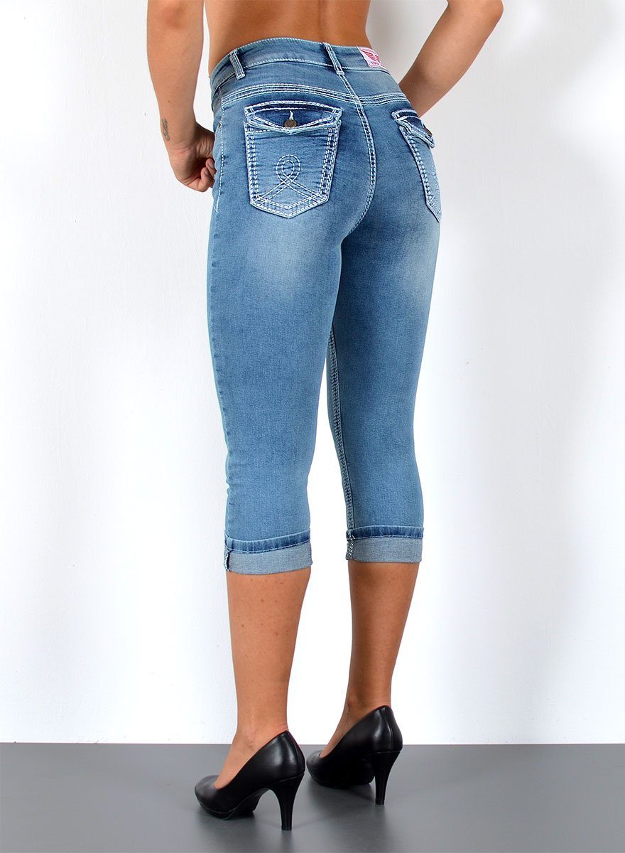 ESRA Caprijeans Damen 3/4 Capri Jeans-Hose mit Kontrast-Nähte bis Große Größen J563 Damen High Waist Capri Jeans Stretch Jeans dicke Naht bis Übergröße