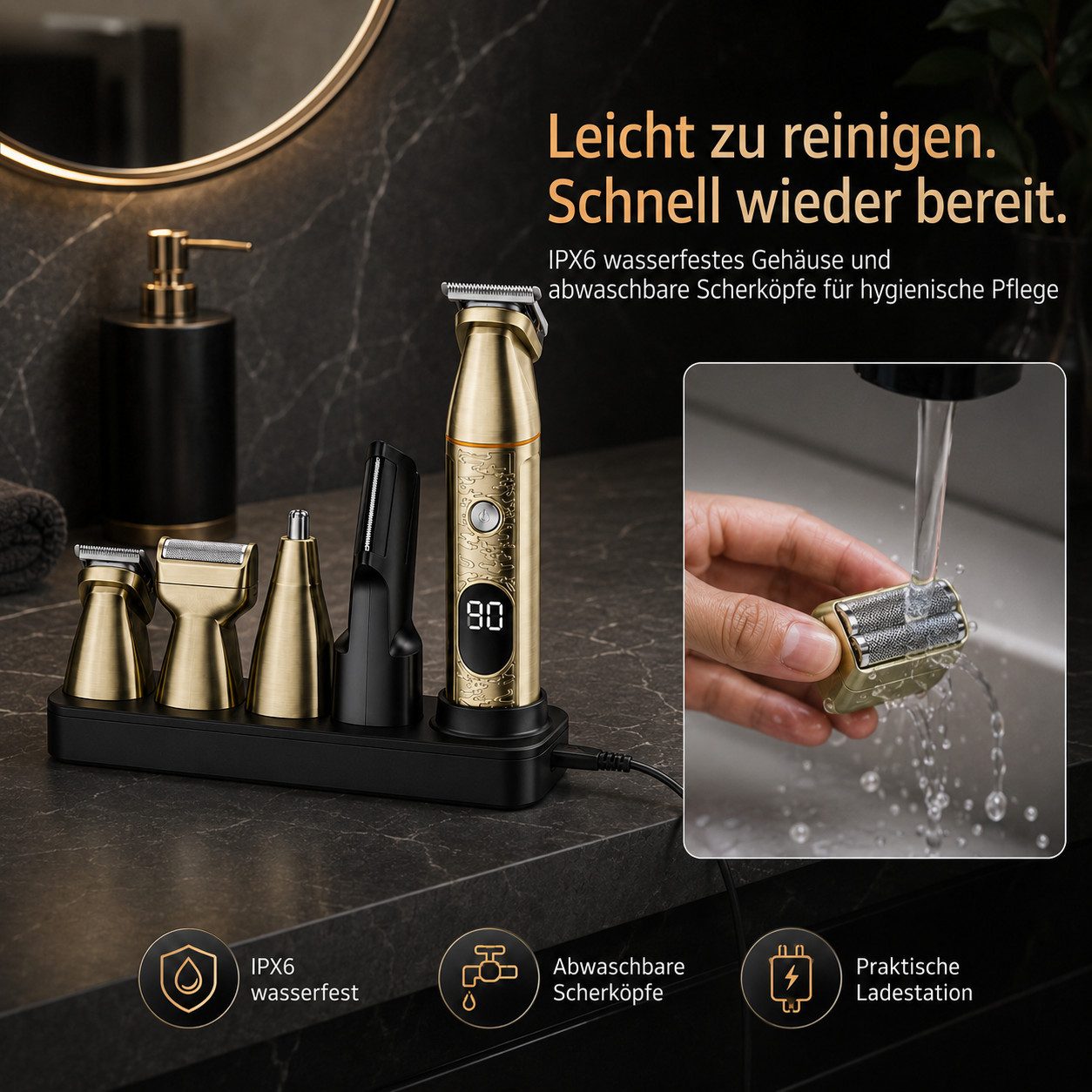 Tekoo Haarschneider 5-in-1 Haarschneider & Barttrimmer Set für Herren, LED, Wasserdicht, 16-teiliges Komplettset, Magnetisches Wechselsystem, IPX6 wasserdicht
