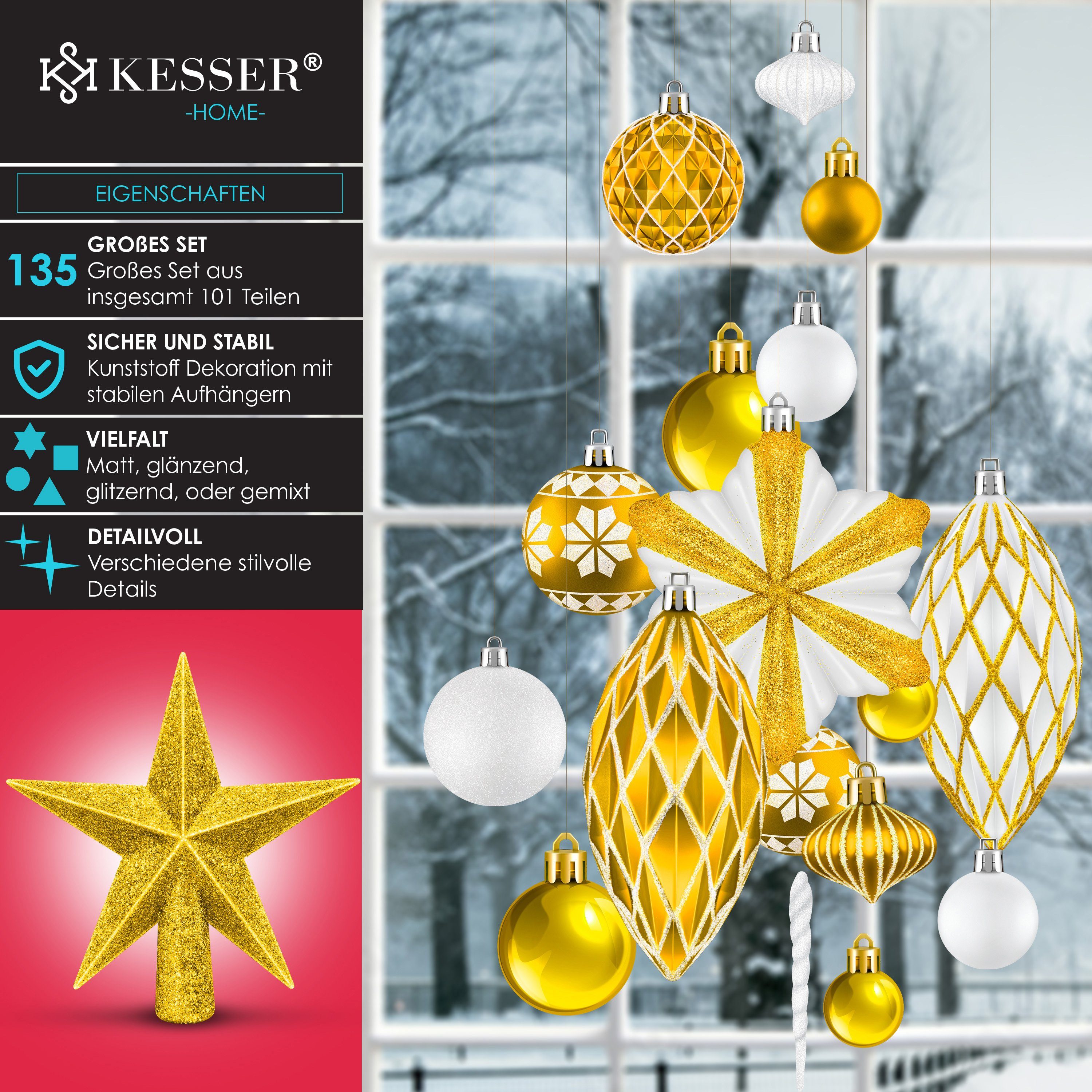 weiß gold Christbaumkugeln (135-tlg), / Set Christbaumschmuck Baumspitze KESSER Weihnachtskugeln 105-teiliges