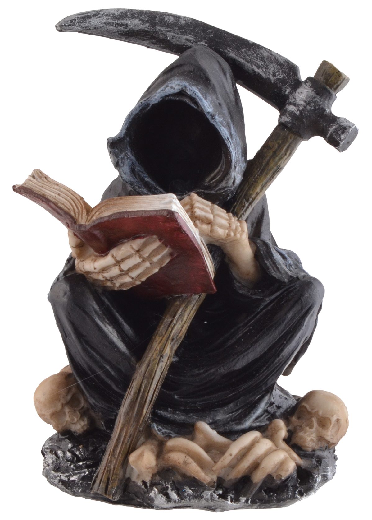 Vogler direct Gmbh Dekofigur Grim Reaper liest im Totenbuch, Größe: LxBxH ca. 9x8x12 cm, LED-Beleuchtung