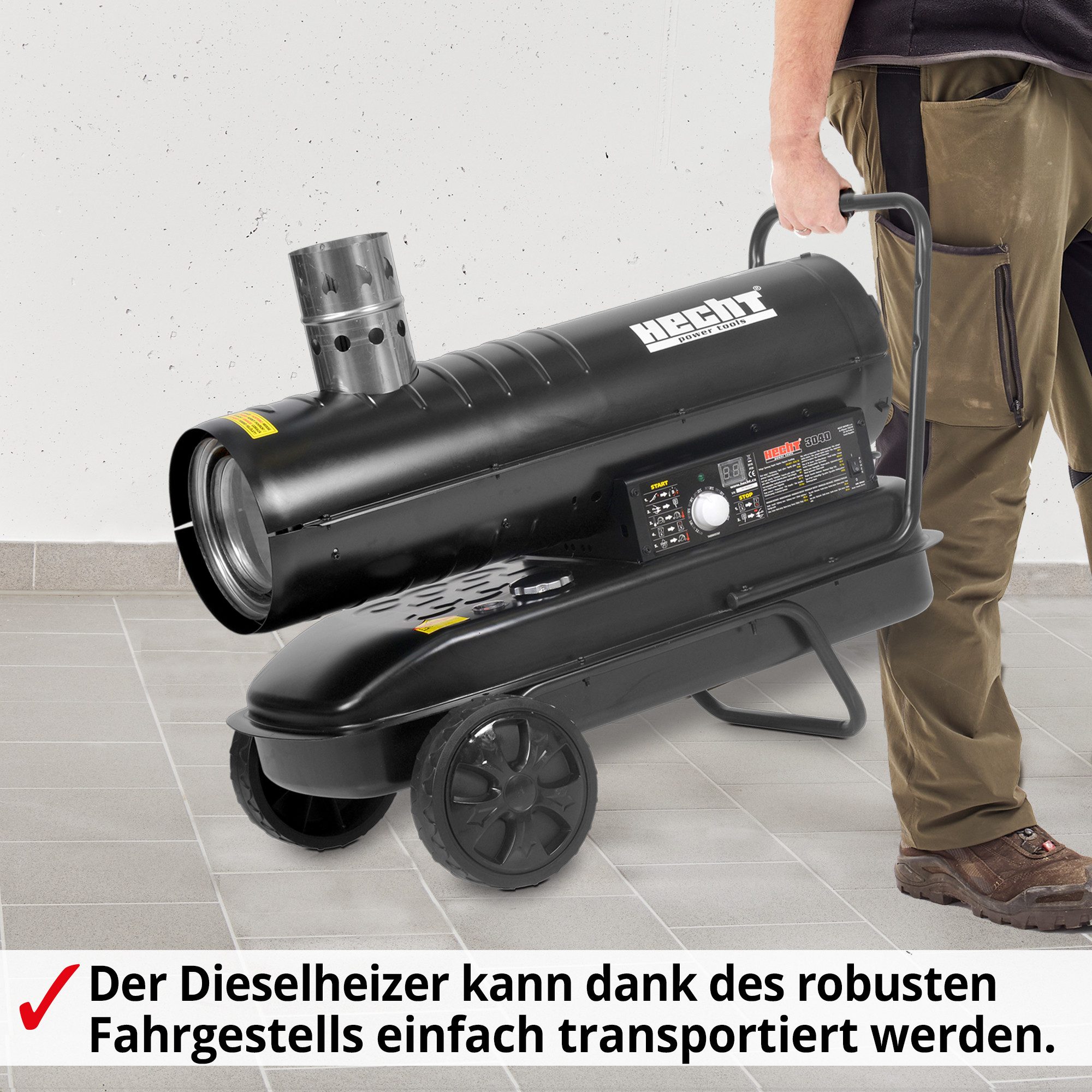 Hecht diesel heater 3040 with chassis, 18 kW, 18000 W, 450 m³/h, up to 150 m², 34.5 kPa