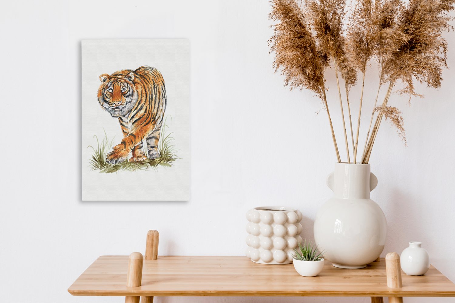 OneMillionCanvasses® Leinwandbild Tiger - fertig Zackenaufhänger, - (1 bespannt Gemälde, Leinwandbild inkl. cm St), Beine Gras, 20x30