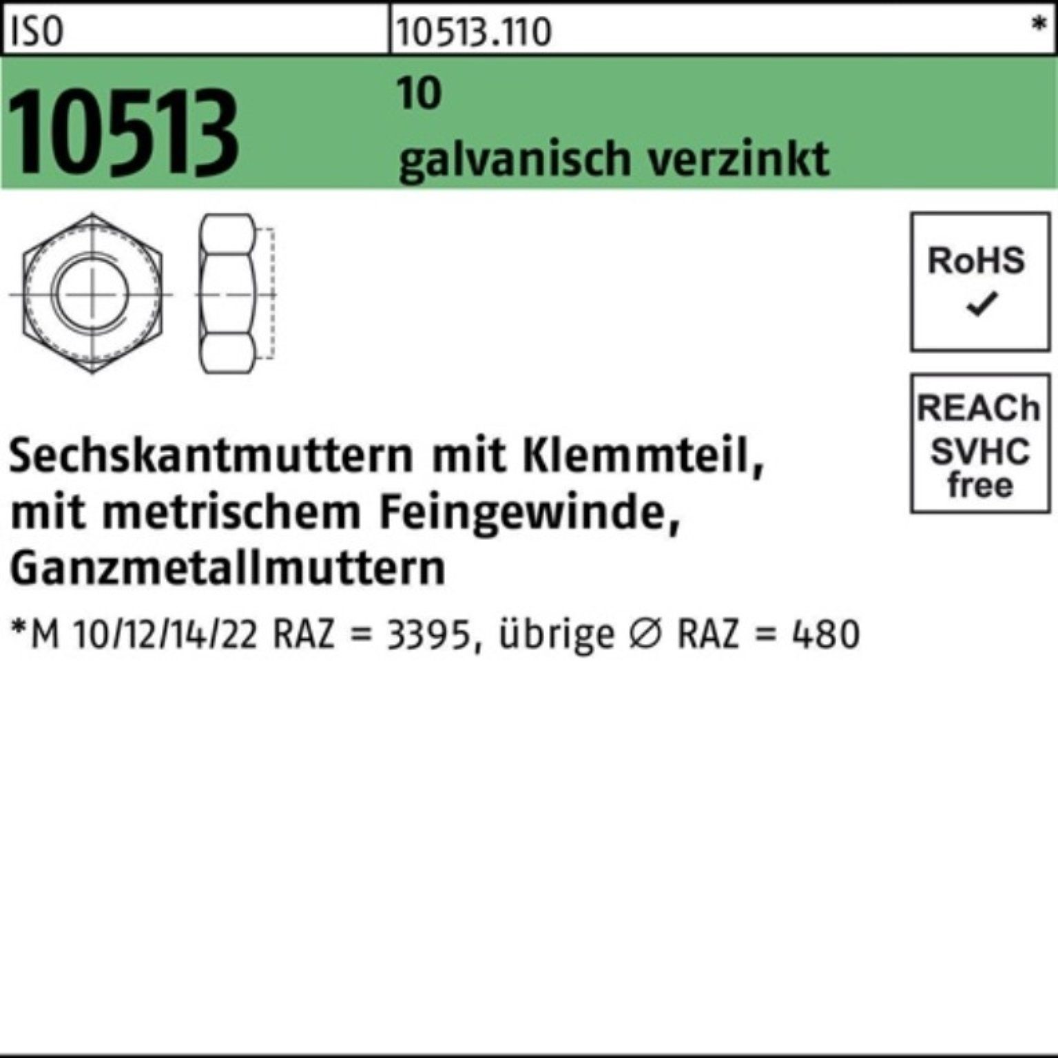 Reyher Muttern 100er Pack Sechskantmutter ISO 10513/DIN 6925 Klemmteil M8x1 10 galv.v