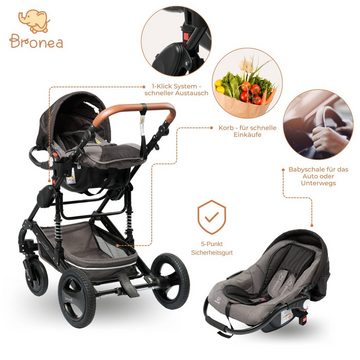 Bronea Kombi-Kinderwagen EXQUISE Kinderwagen 3in1 mit MATRATZE, BUGGY & AUTO-BABYSCHALE, Schwarz/Silver,Gummi Reifen,Wickeltasche,Regen-,Mücken-& Sonnenschutz