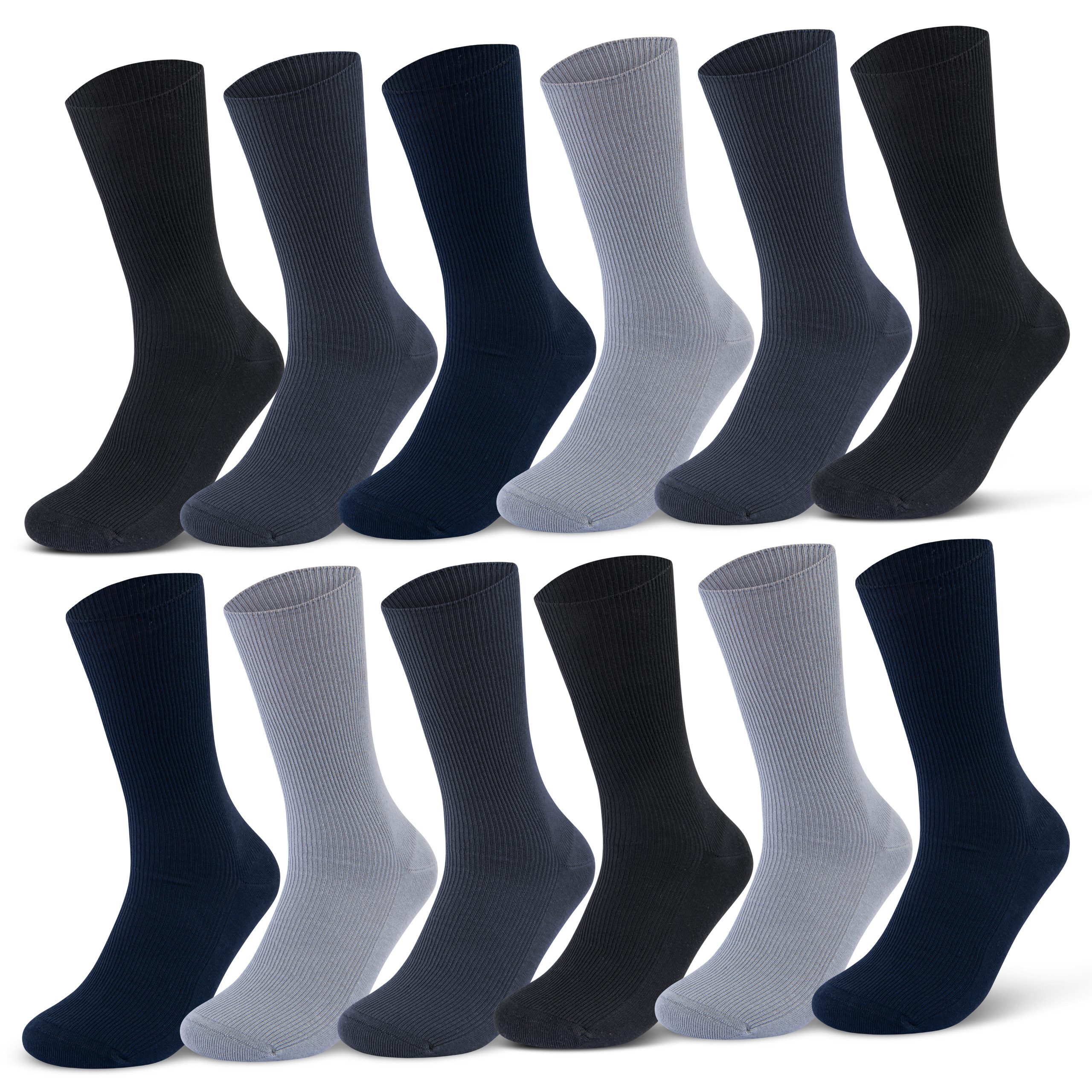 sockenkauf24 Diabetikersocken 12 Paar Damen & Herren Socken ohne Bund (Schwarz/Blau/Grau, 43-46) 100% Baumwolle ohne Naht 11000