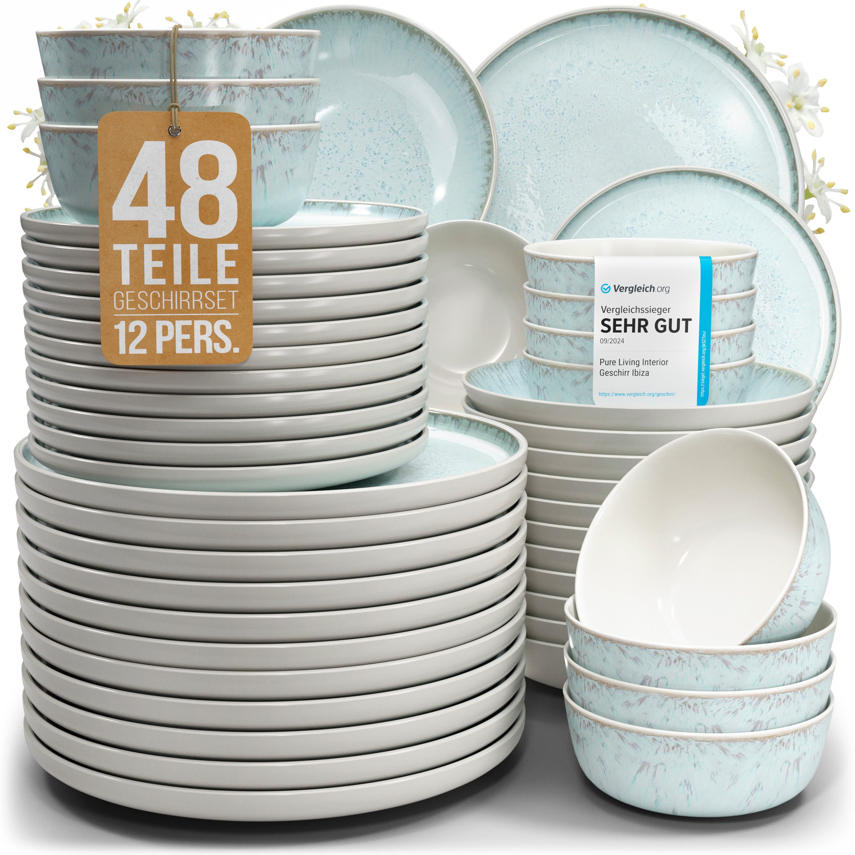 PURE LIVING INTERIOR DESIGN Geschirr-Set Ibiza aus Steingut, 48-tlg., für 12 Personen, Beige Blau (48-tlg), 12 Personen, Steingut