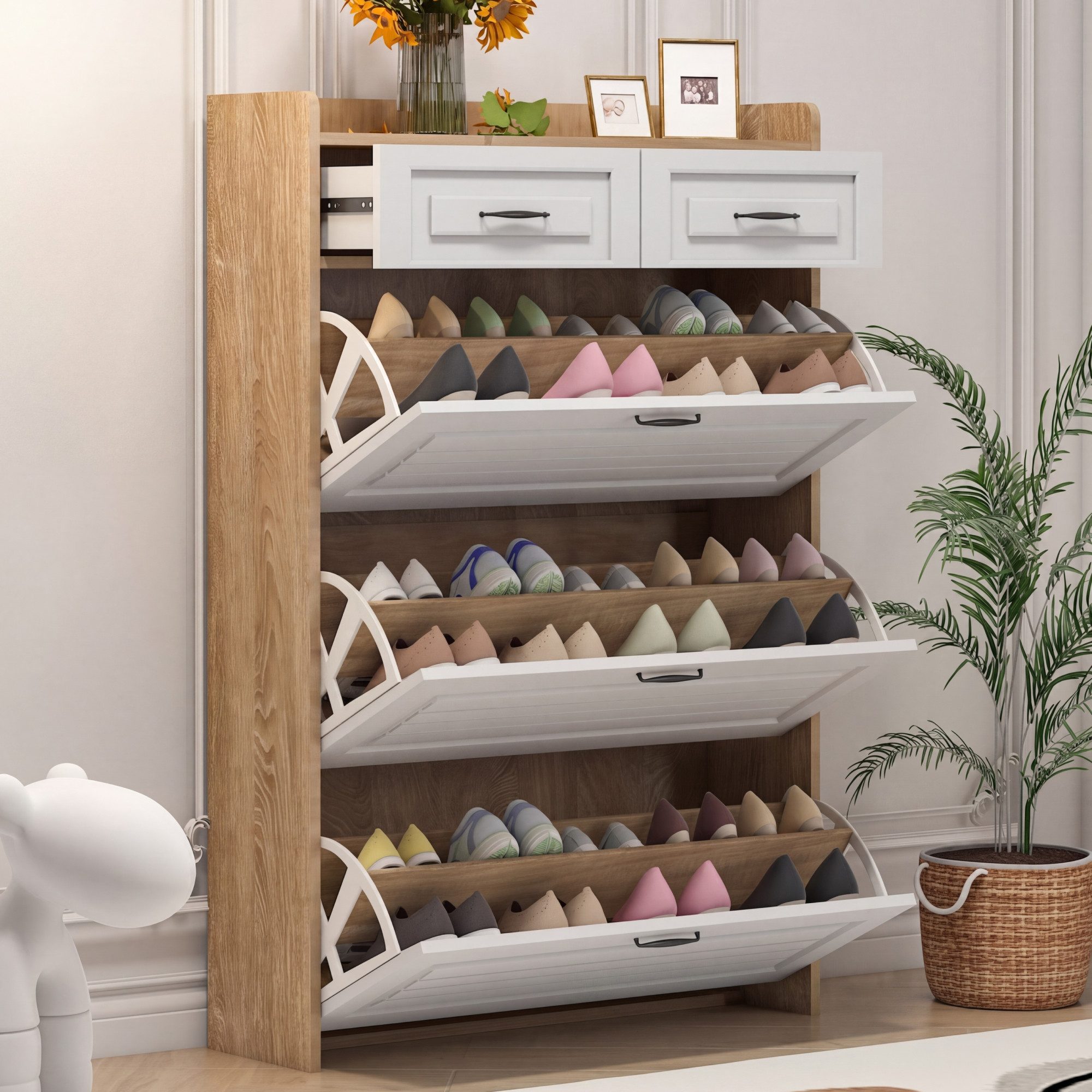 Flieks Schuhschrank (B80/T23,5/H131 cm, 1-St., für ca. 18 Paar Schuhe) Schuhkommode mit 3 Klappen und 2 Schubladen Schuhregal natur&weiß