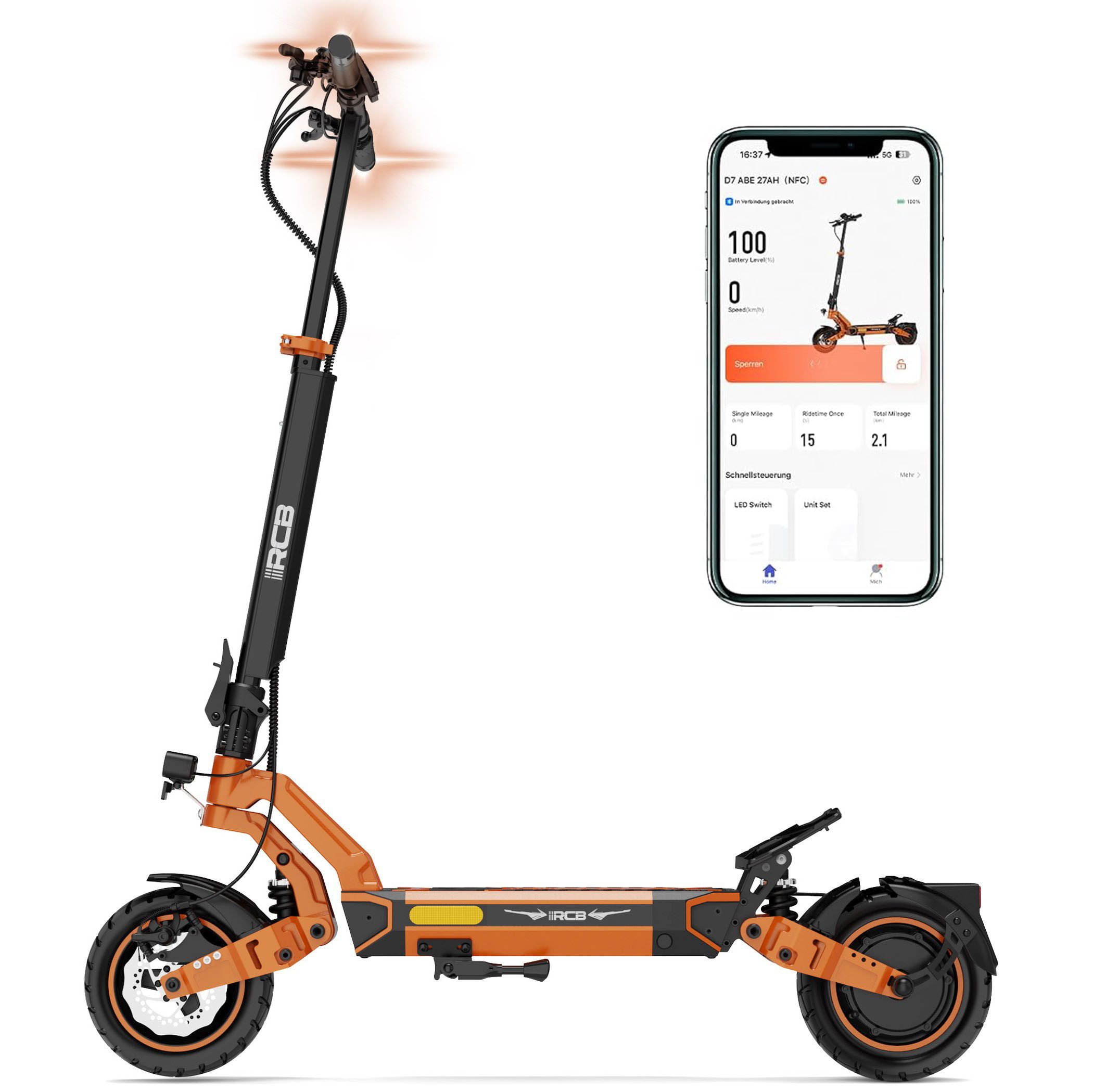 RCB TECH E-Scooter D7 Ultra mit Straßenzulassung NFC Blinker App bis 100km Reichweite, 500 W, 20 km/h, 1600 W Peakleistung, bis 150 kg Gesamtmasse