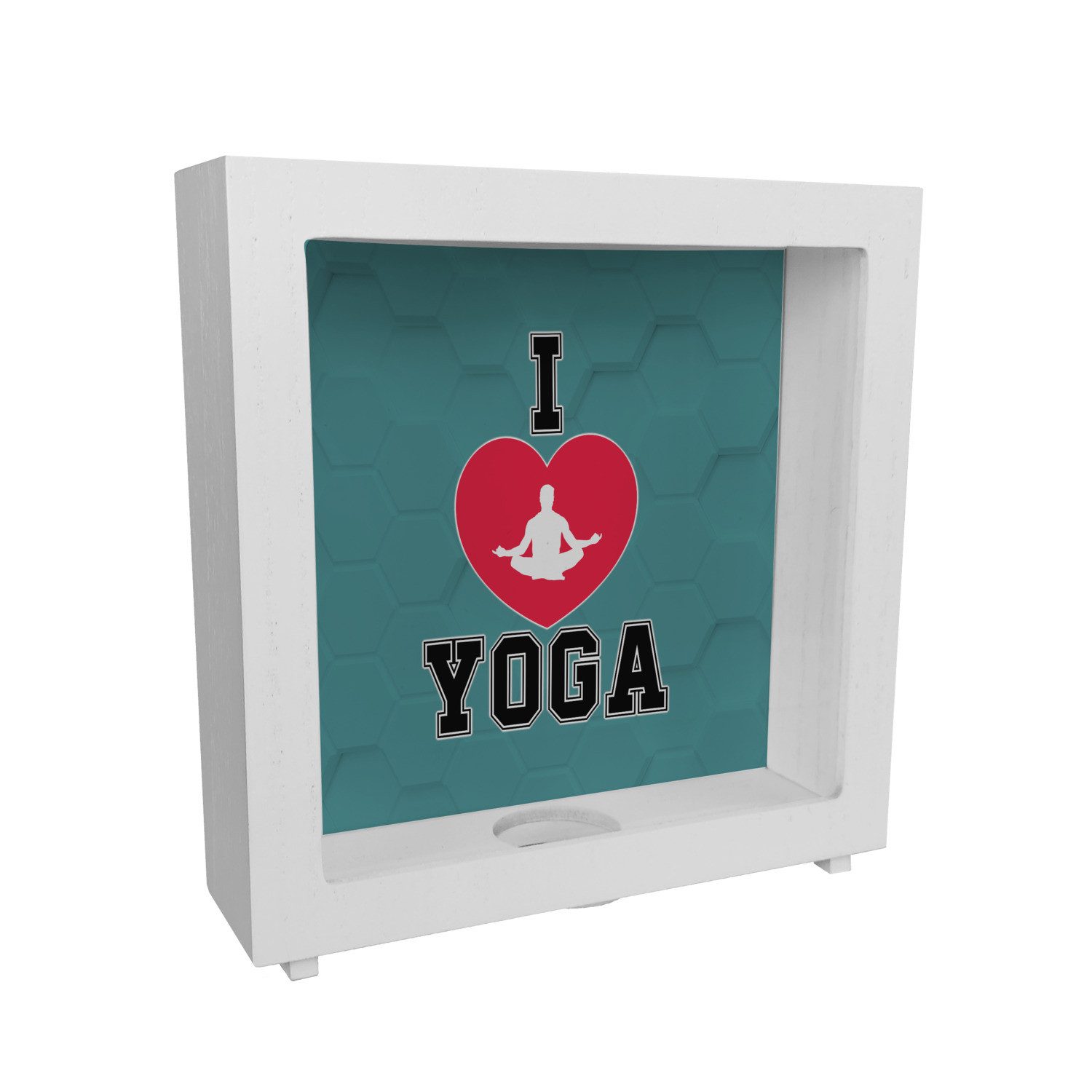 Spardose I love Yoga Rahmen Spardose aus Holz in Grün für Yogalehrer