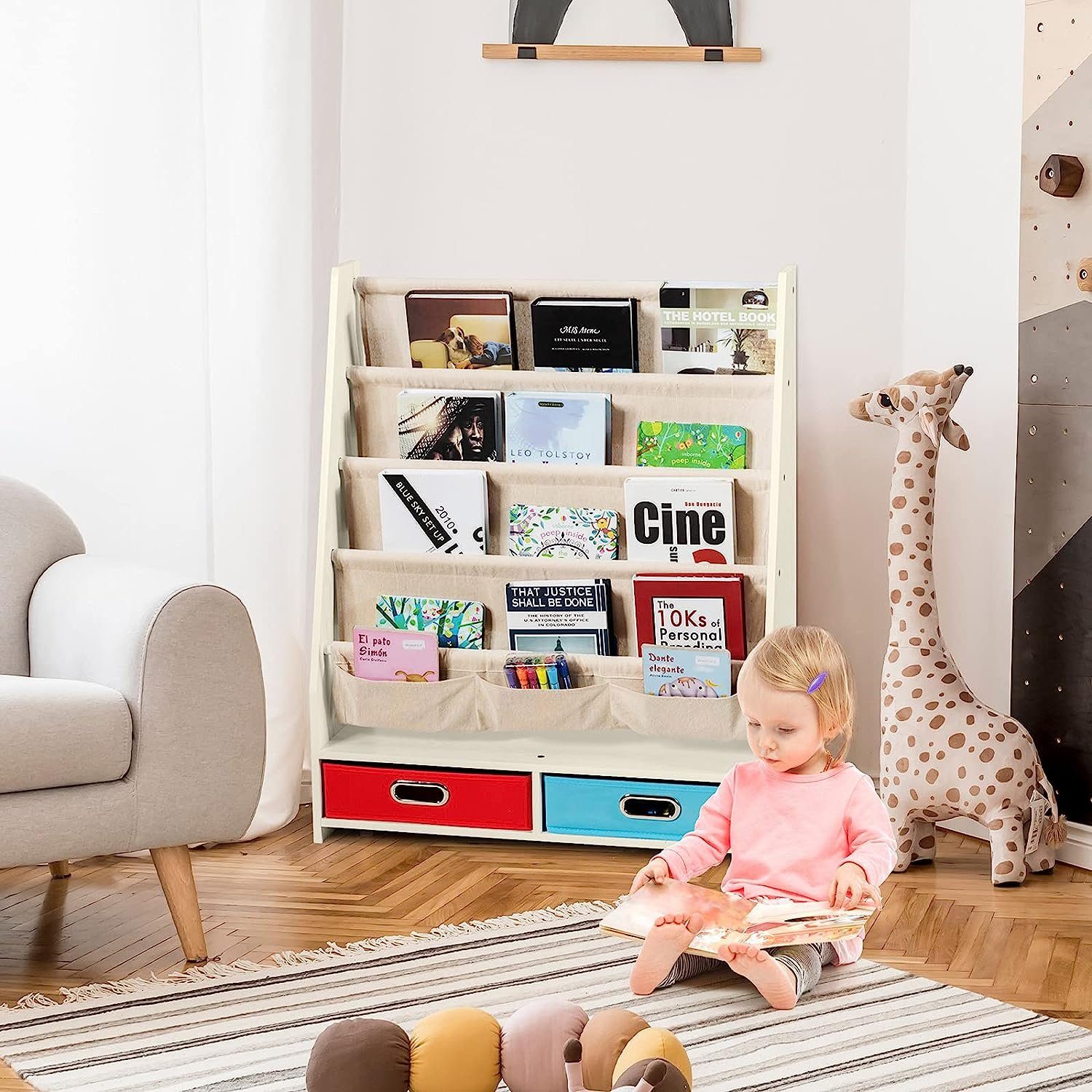 KOMFOTTEU Bücherregal für Kinder, mit 2 Schubladen, 4-stöckiges Bücherregal beige