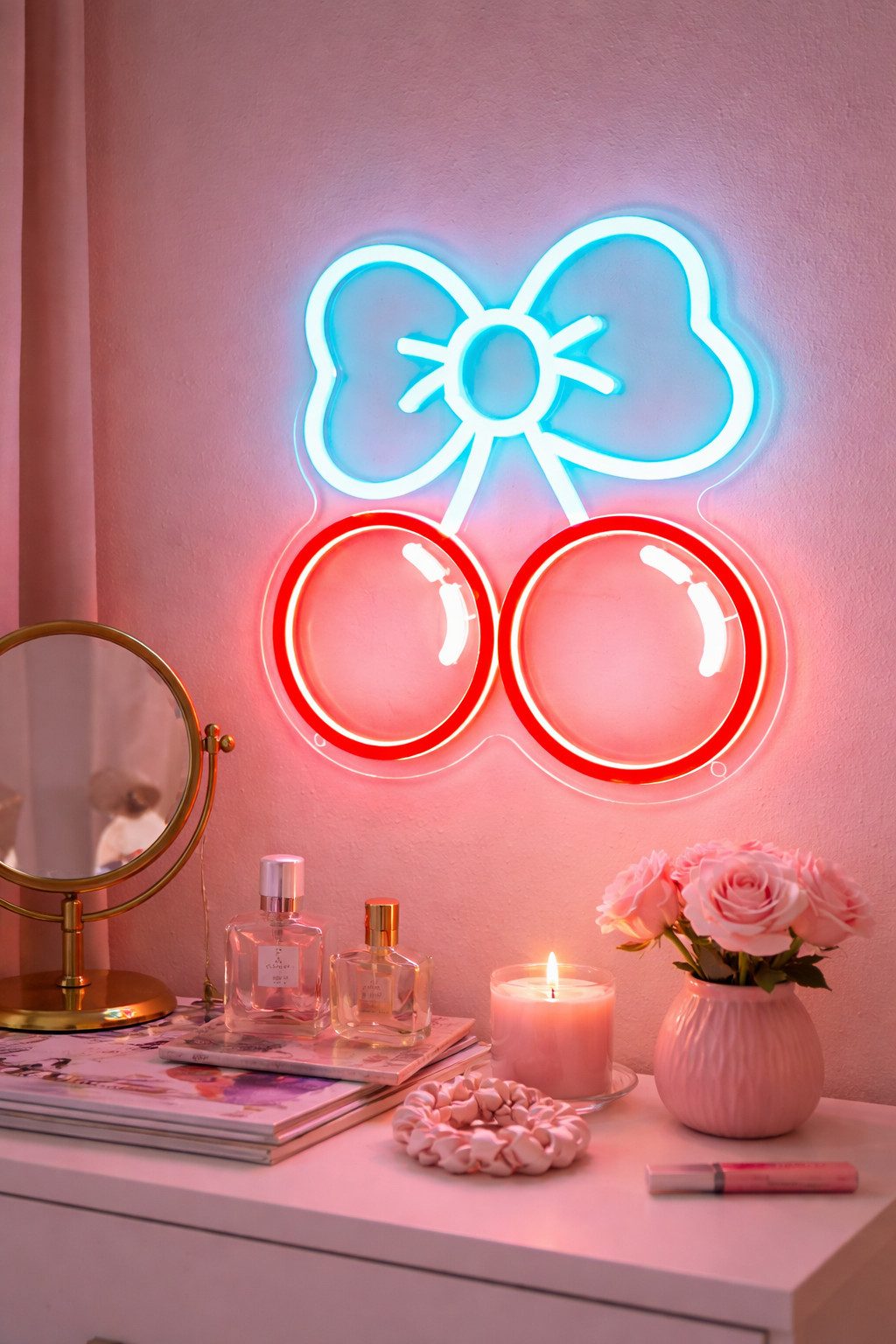 TSE LED Nachtlicht CHERRY LED Neon Kirschen Schleife Licht Wanddeko 35x28cm Nachtlicht