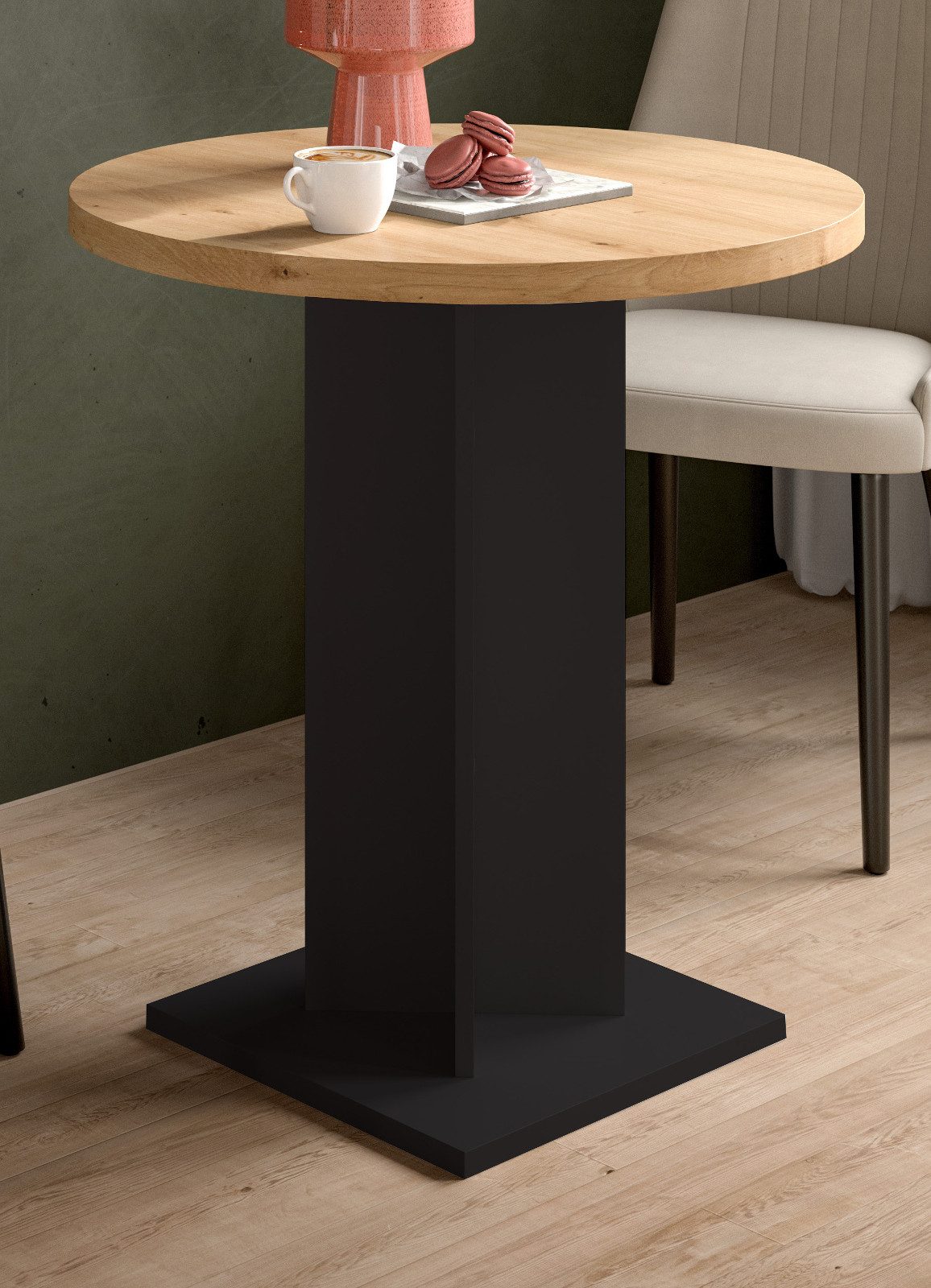 Inn.Furn Säulen-Esstisch Anton (Küchentisch in Eiche Artisan mit Schwarz, rund, 70 x 70 cm), mit 32 mm Tischplatte, bis 30 Kg